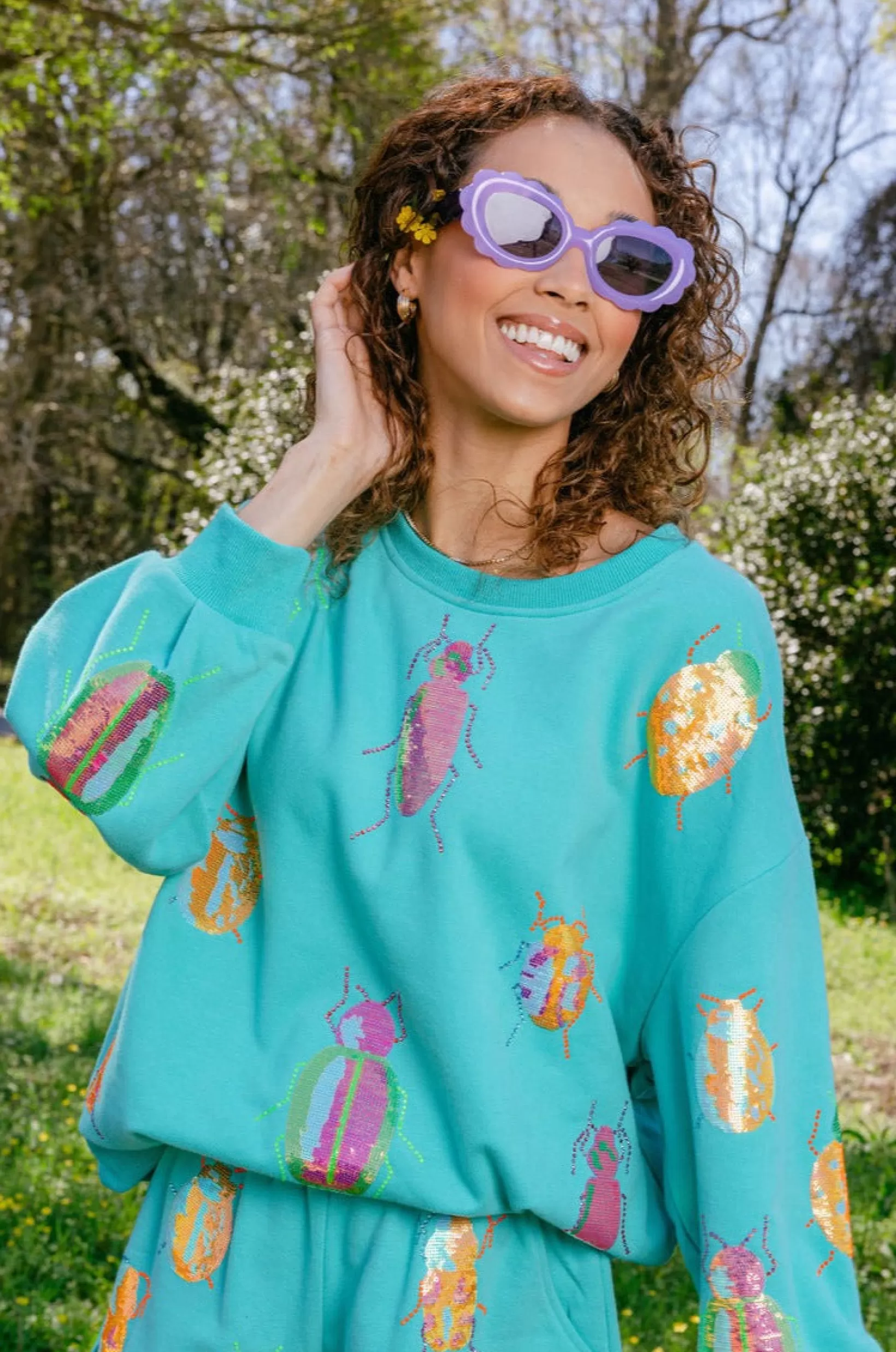 Fashion Queen of Sparkles & Neon Beetle All Over Sweatshirt Aqua