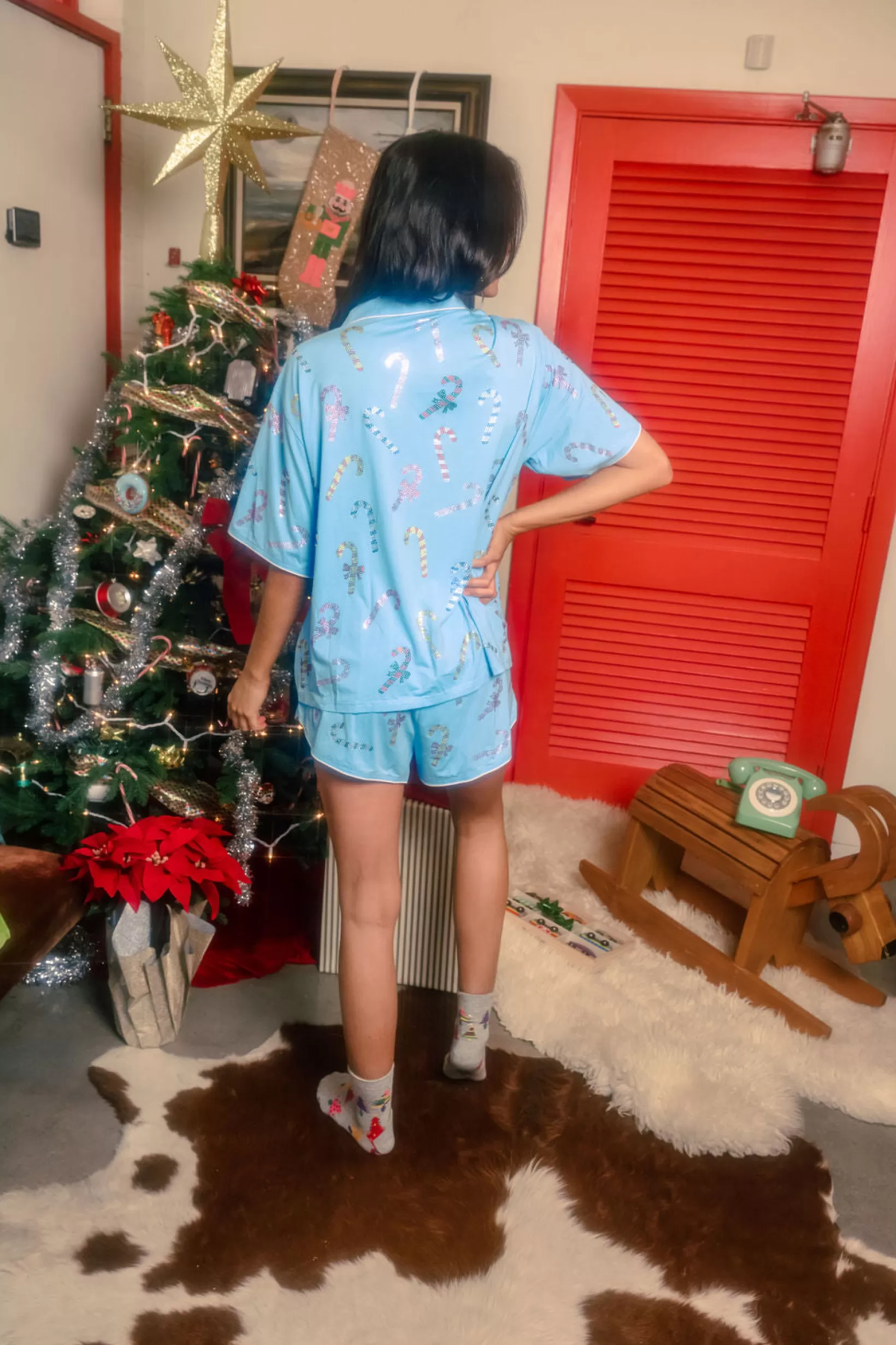 Hot Queen of Sparkles Multi Candy Cane Pajama Top Aqua