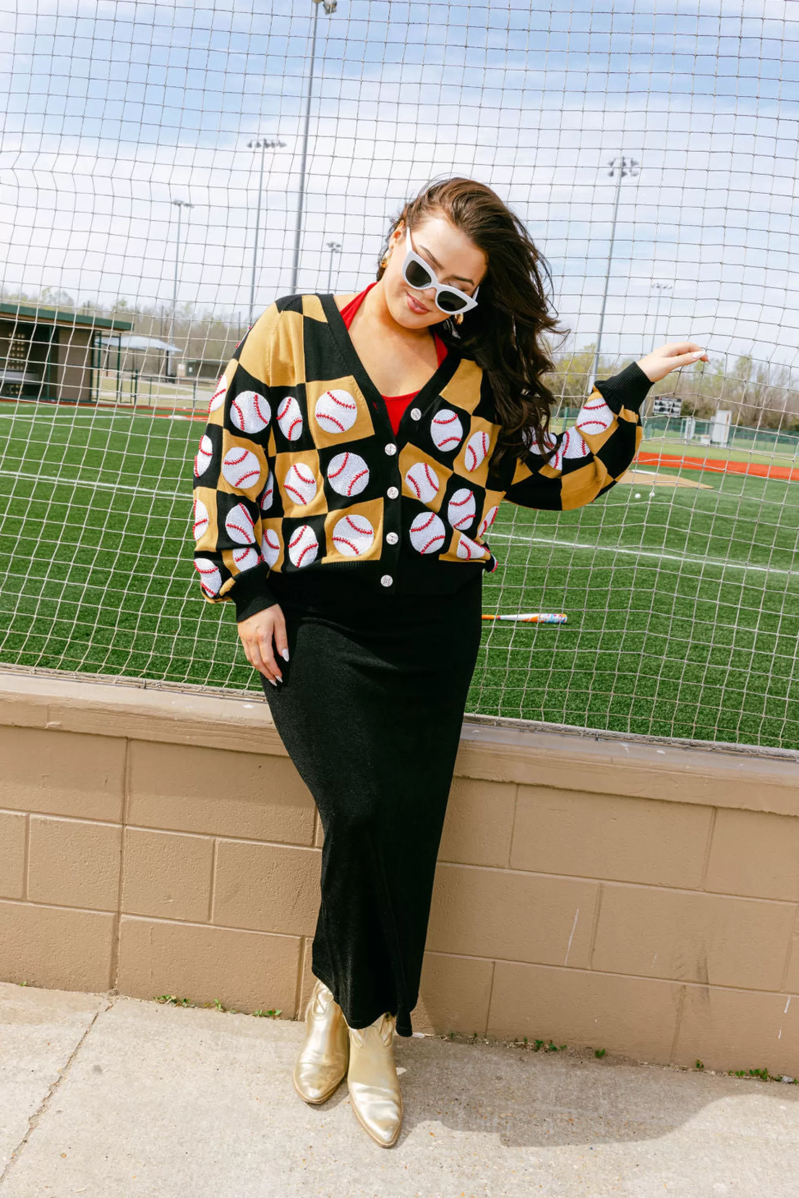 Fashion Queen of Sparkles & Gold Checkered Baseball Cardigan Black