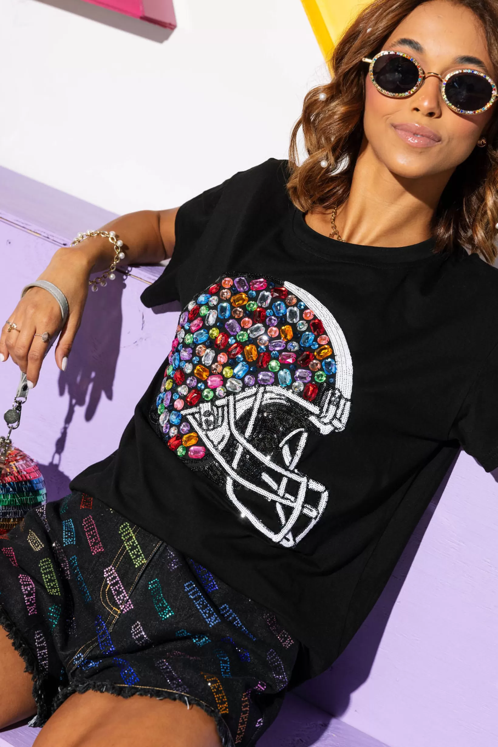 Sale Queen of Sparkles Rainbow Jewel Helmet Tee Black