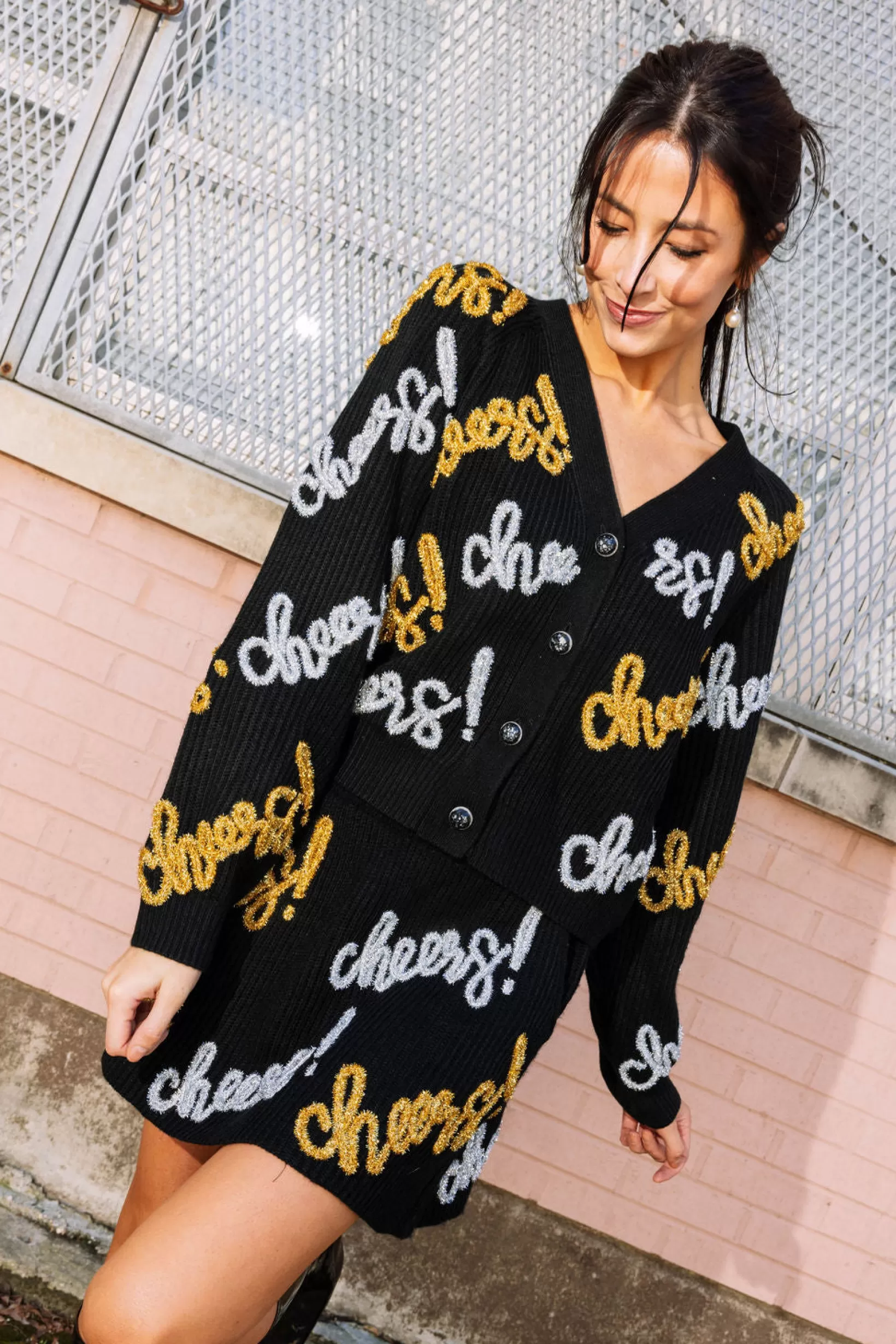 New Queen of Sparkles , Silver & Gold Cheers All Over Glitter Script Cardigan Black