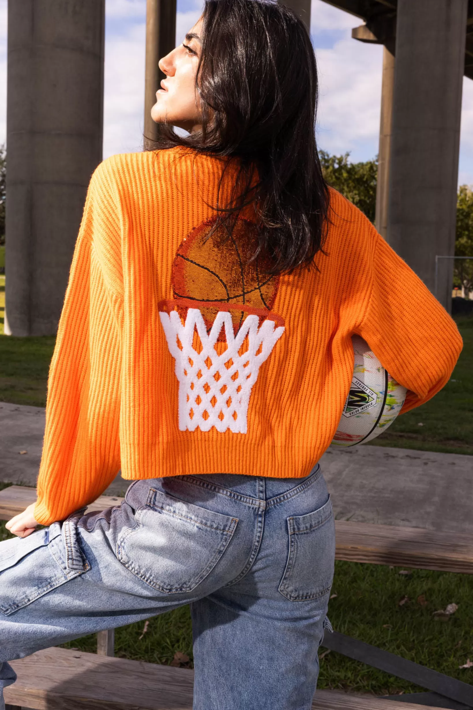 Flash Sale Queen of Sparkles 'Nothin But Net' Glitter Script Sweater Bright Orange