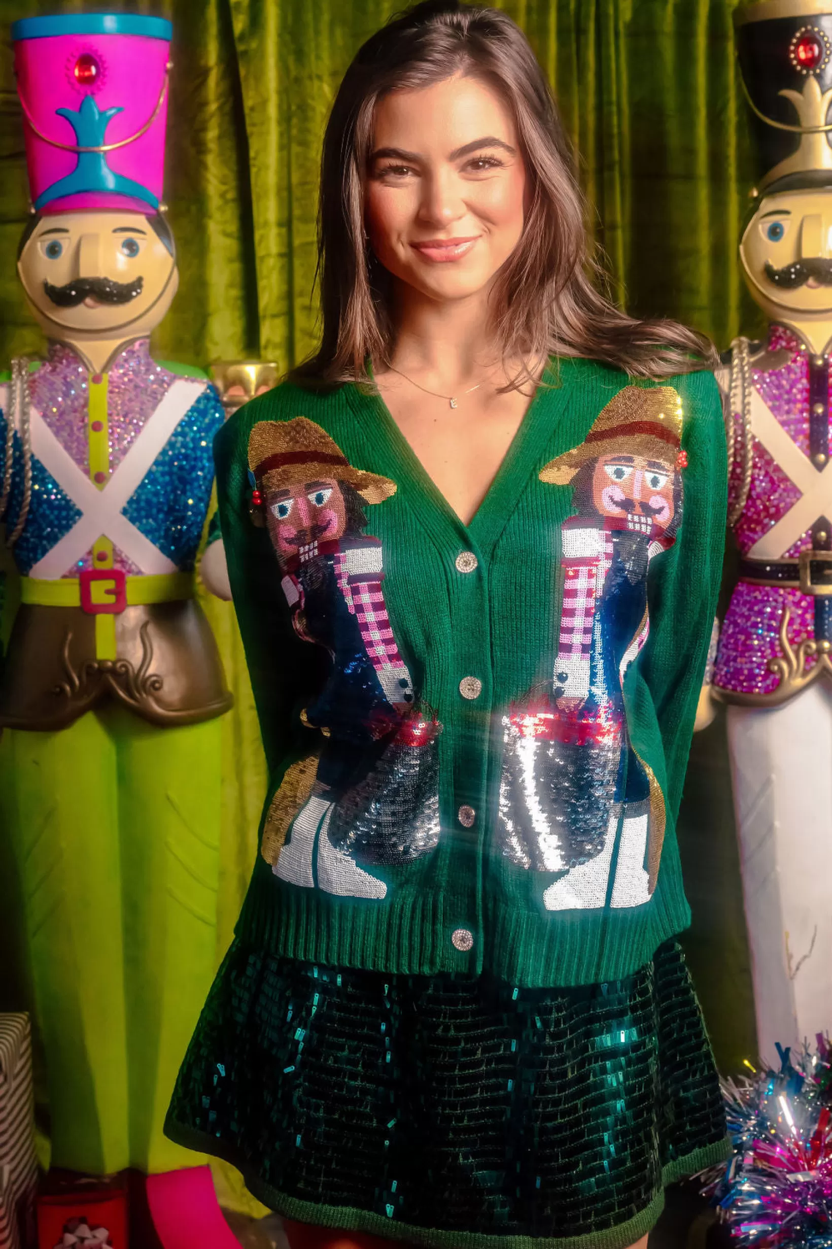 Hot Queen of Sparkles Cajun Nutcracker Sweater Dark Green