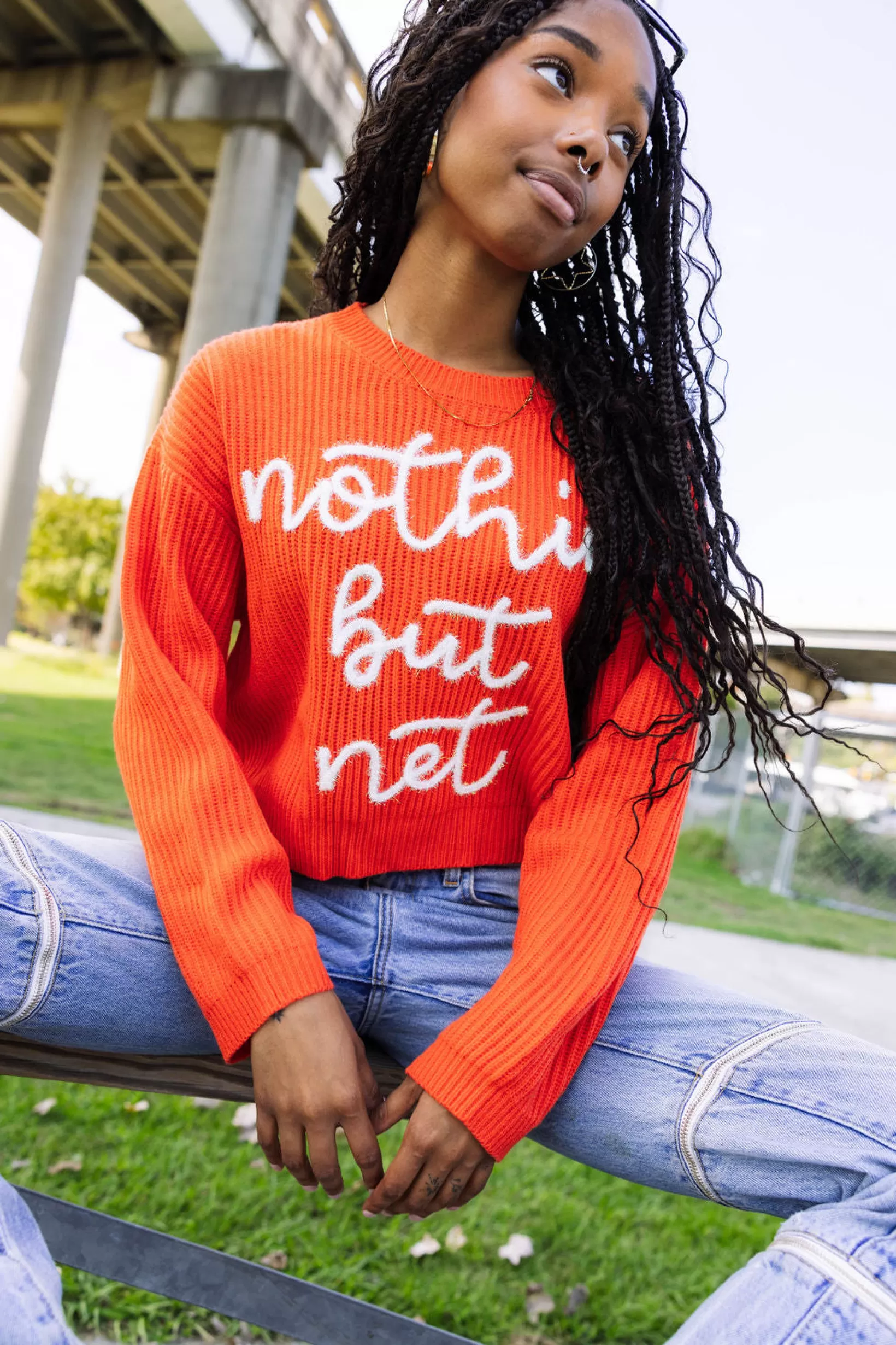 Hot Queen of Sparkles 'Nothin But Net' Glitter Script Sweater Dark Orange