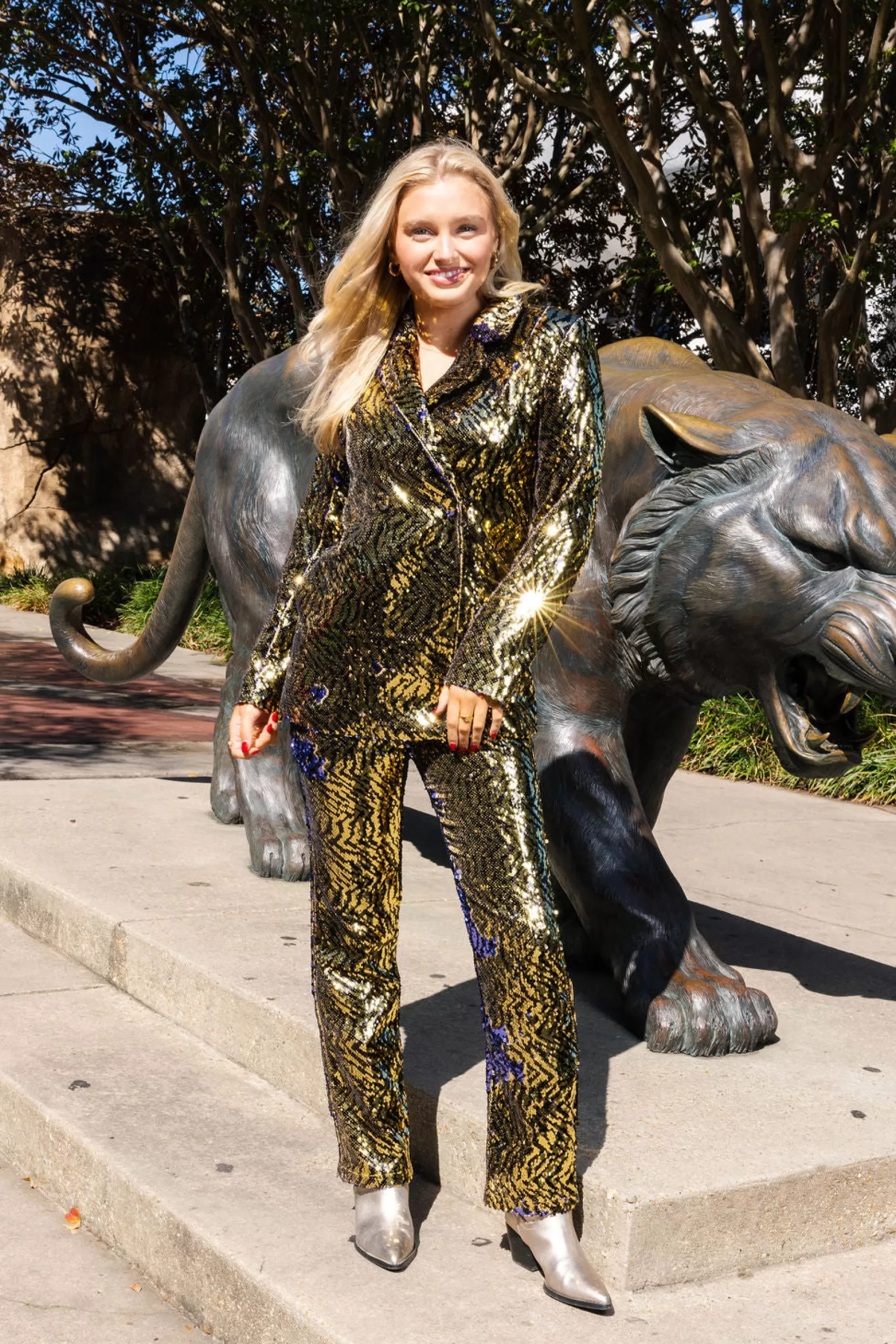 New Queen of Sparkles & Black Sequin Tiger Oversized Blazer Gold