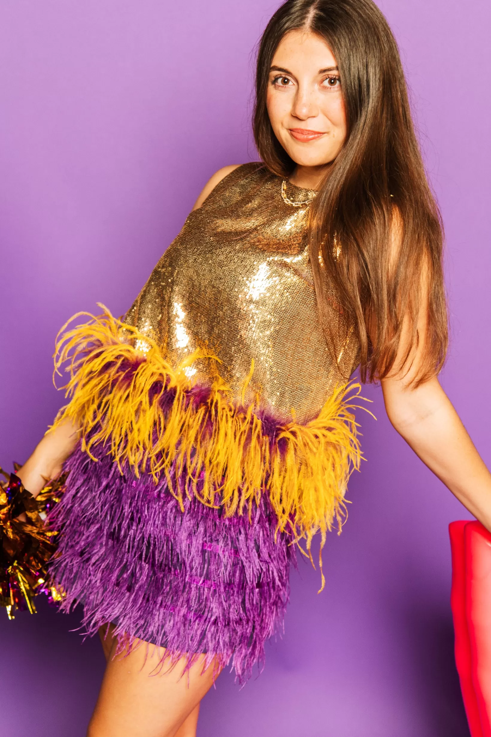 Shop Queen of Sparkles Gold Sequin Purple/Gold Feather Tank