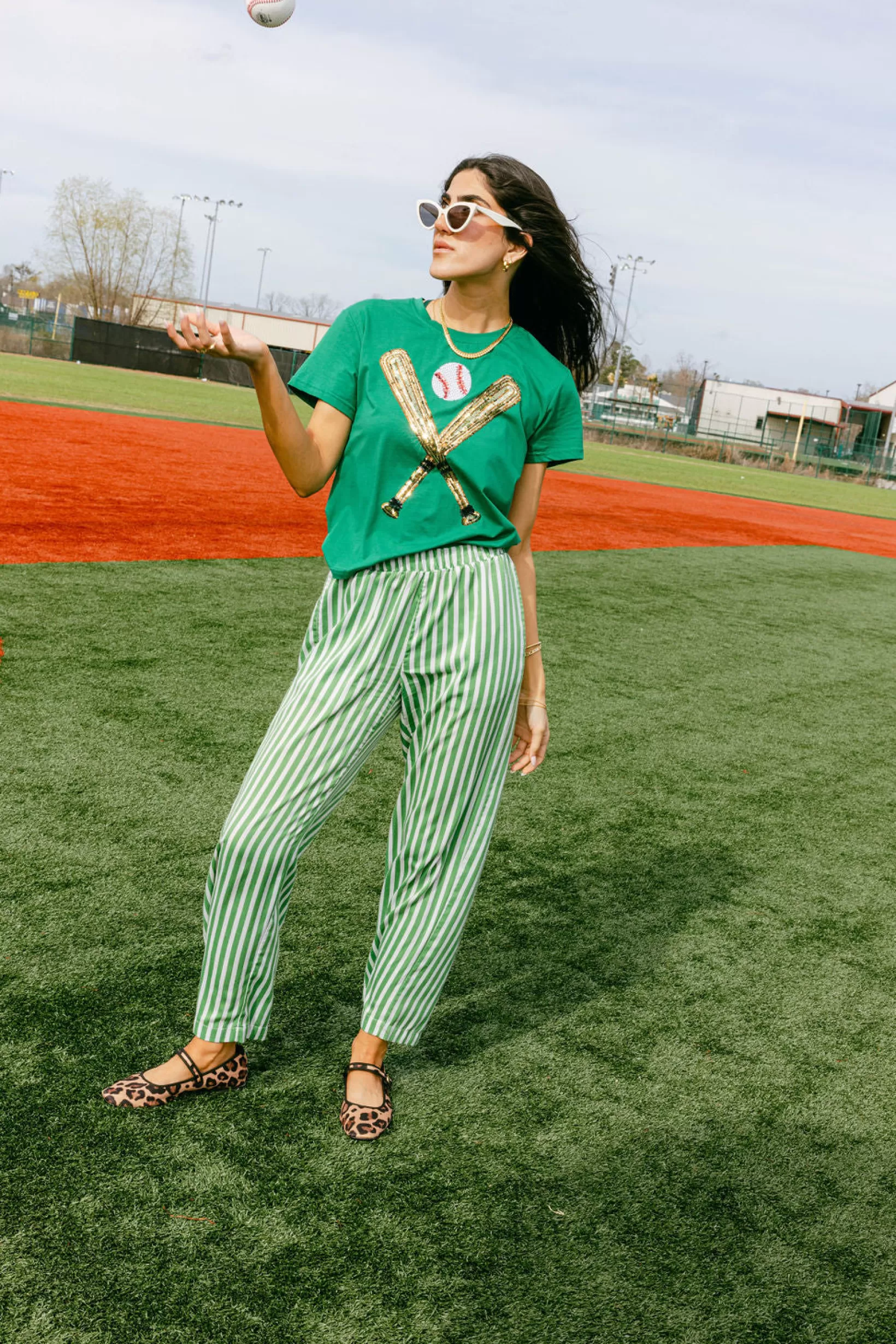 Outlet Queen of Sparkles & Gold Baseball Tee Green