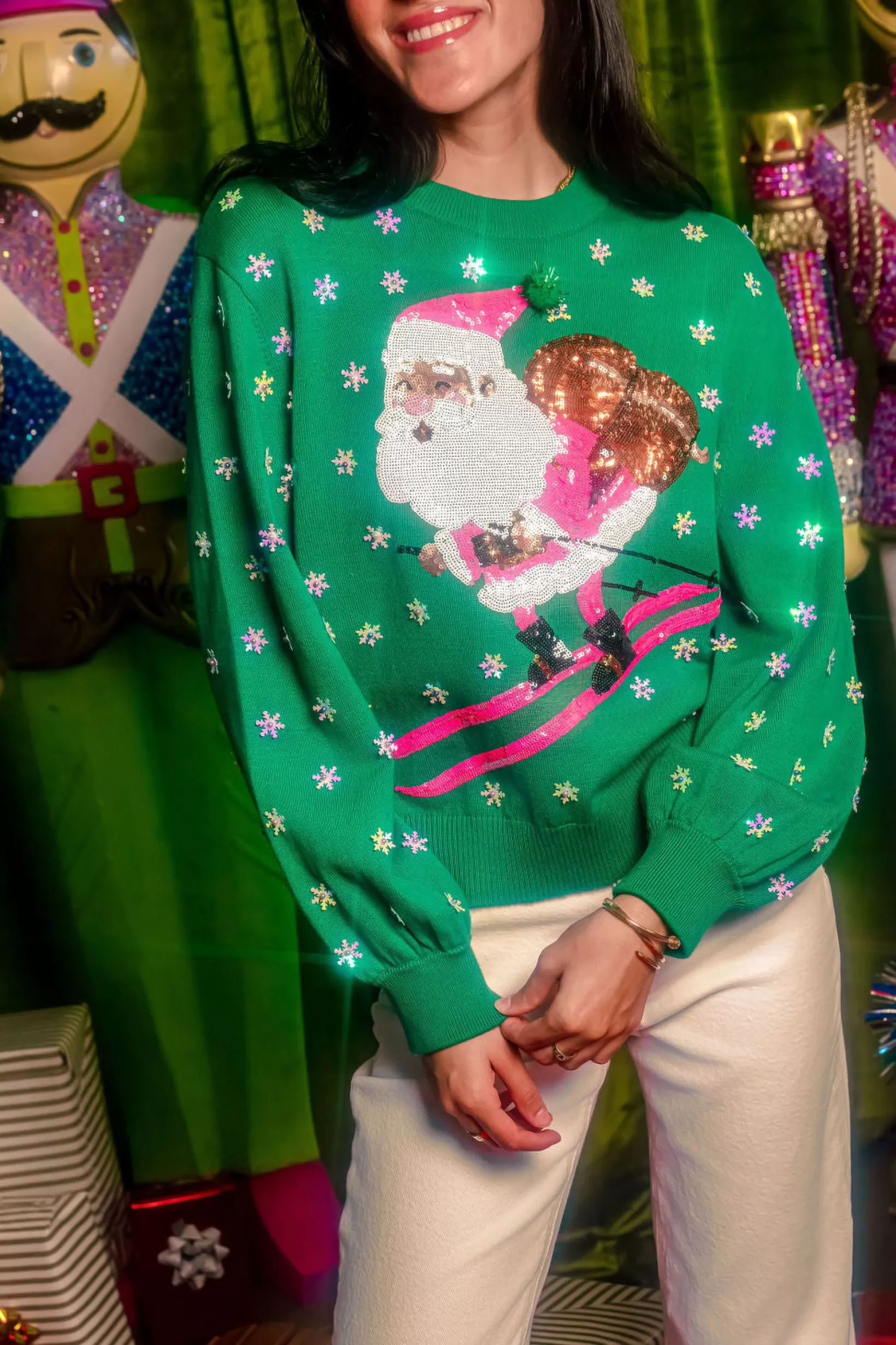 Sale Queen of Sparkles & Neon Pink Santa Skiing Sweater Green