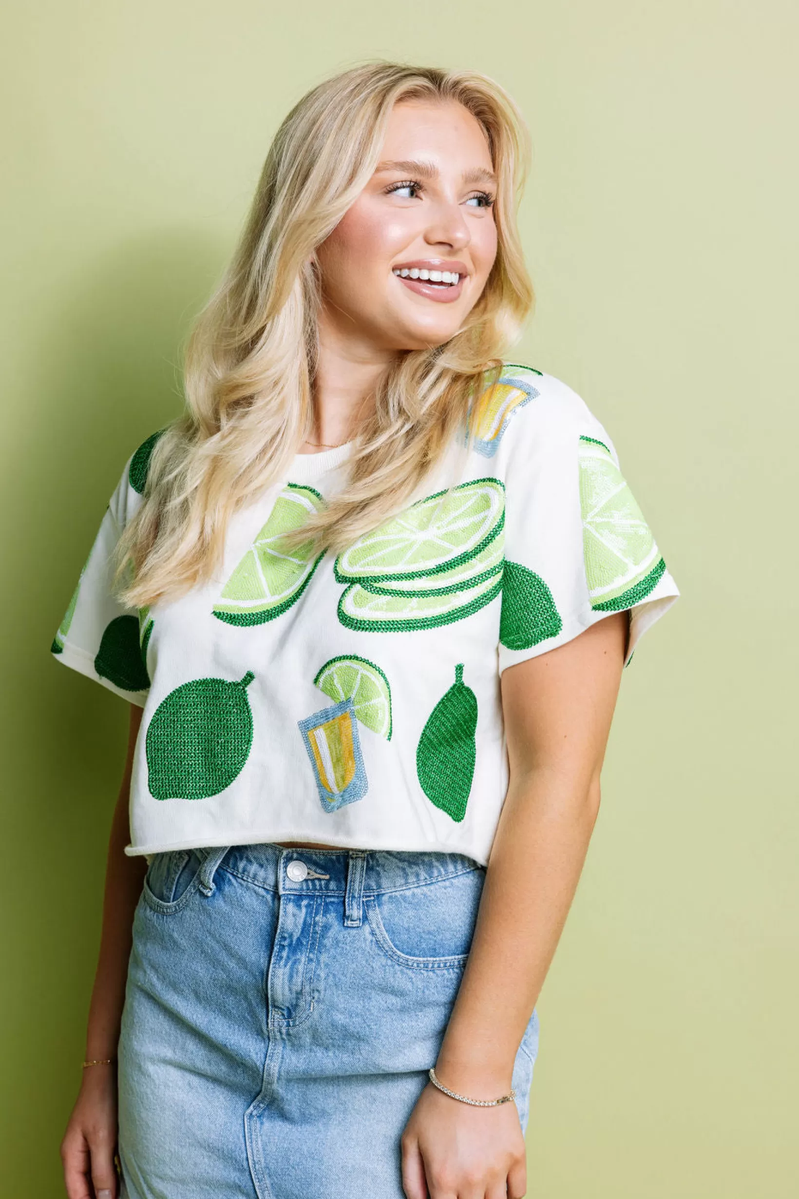 Cheap Queen of Sparkles lime & Tequila Shot Short Sleeve Top Ivory