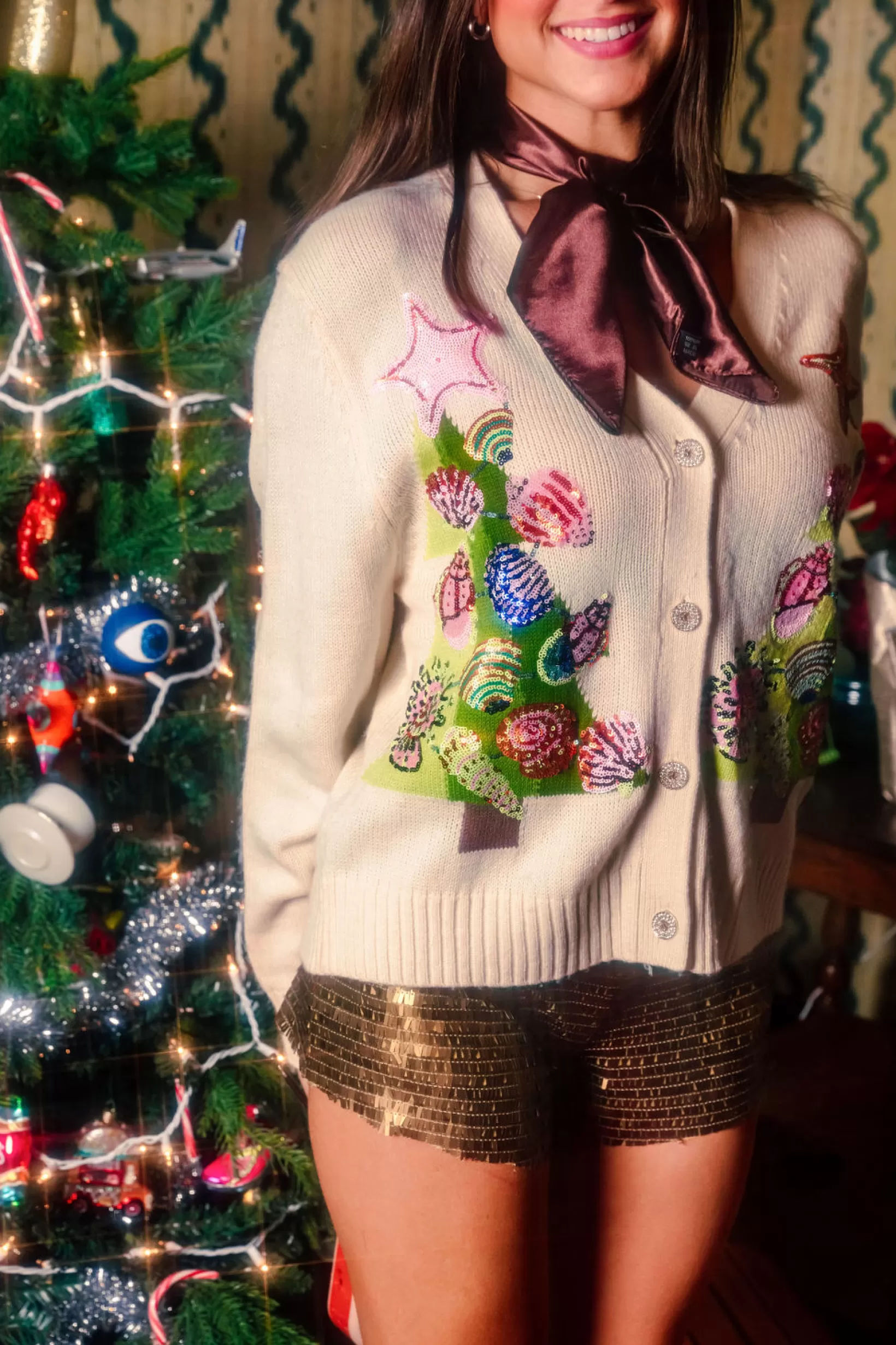 Discount Queen of Sparkles Shell Christmas Tree Cardigan Ivory