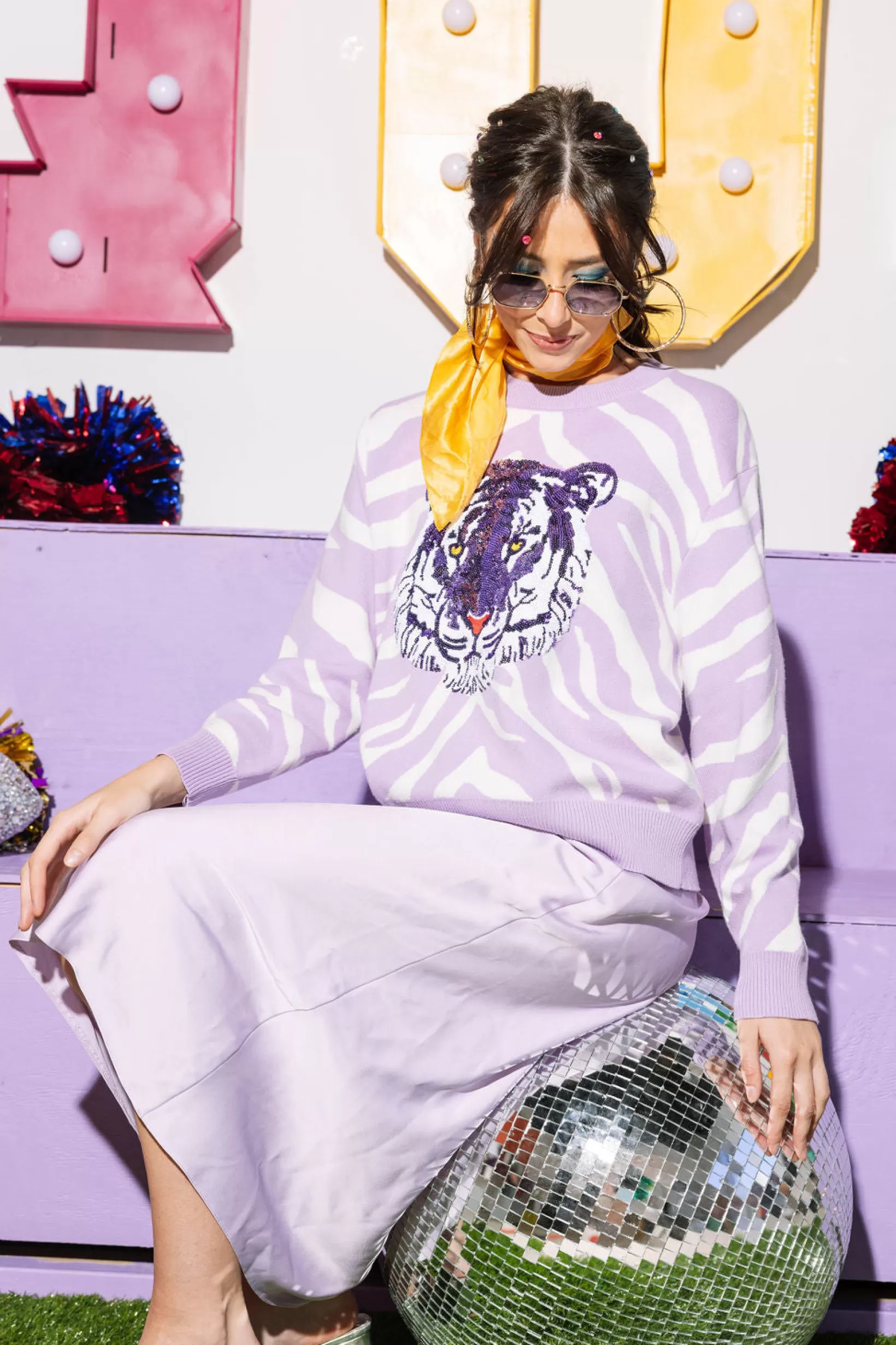 Sale Queen of Sparkles Lavender Tiger Print Tiger Head Long Sleeve Sweater