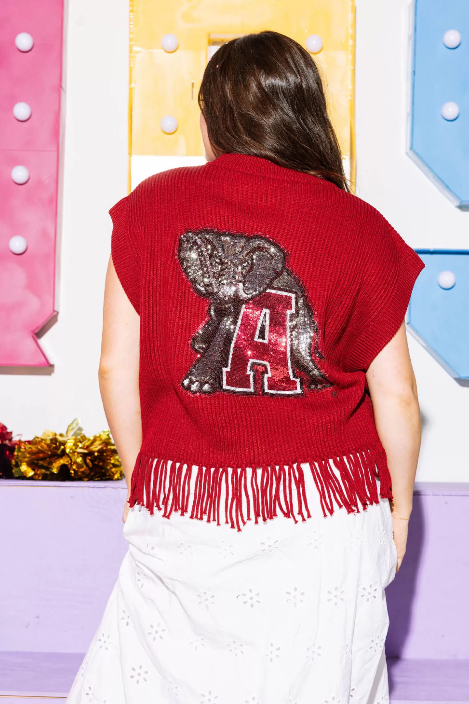 Online Queen of Sparkles Licensed- 'Roll Tide' Fringe Sweater Vest Crimson