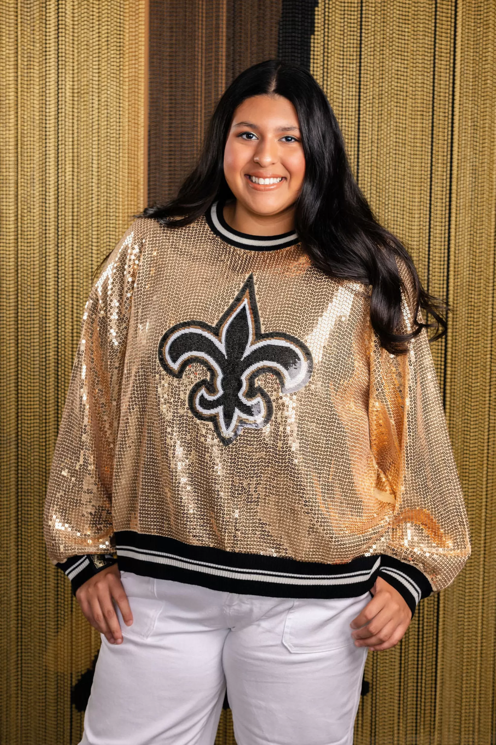 Online Queen of Sparkles Licensed Full Sequin Fleur De Lis Sweater Gold