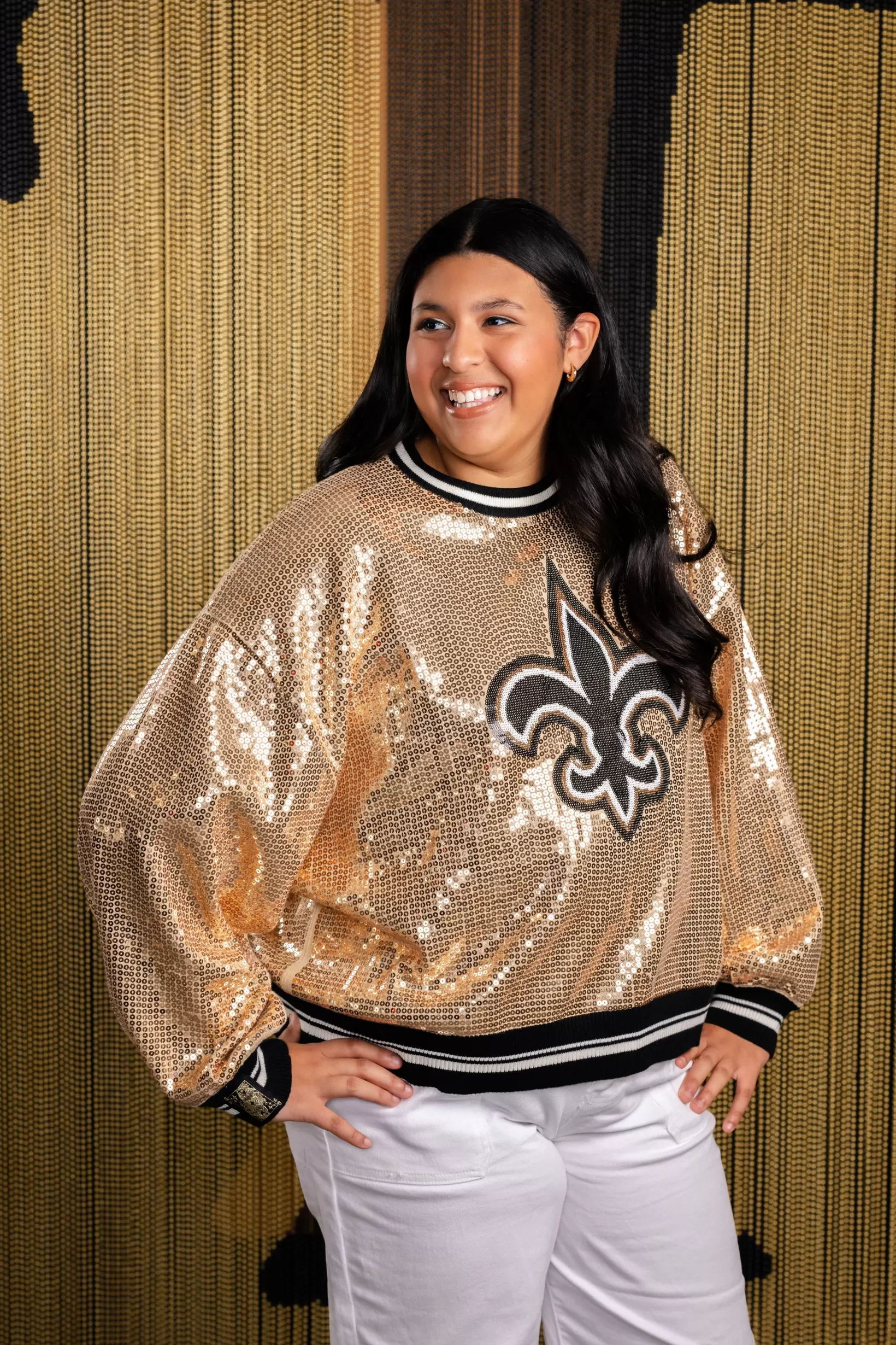 Online Queen of Sparkles Licensed Full Sequin Fleur De Lis Sweater Gold