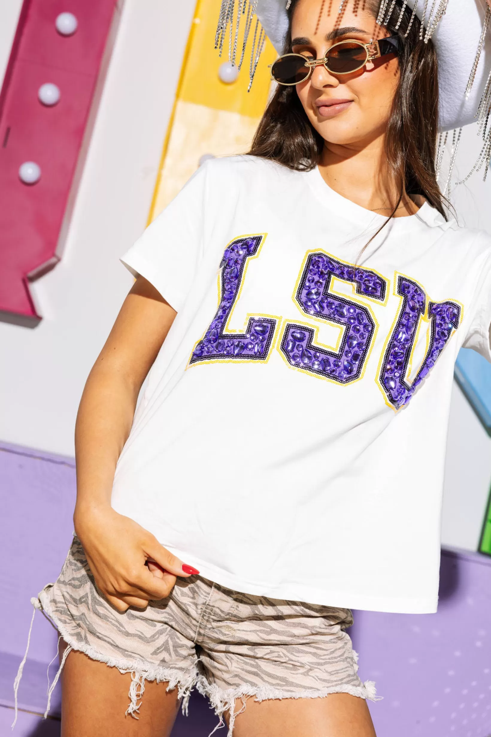 Hot Queen of Sparkles Licensed LSU Jeweled Letter Tee White