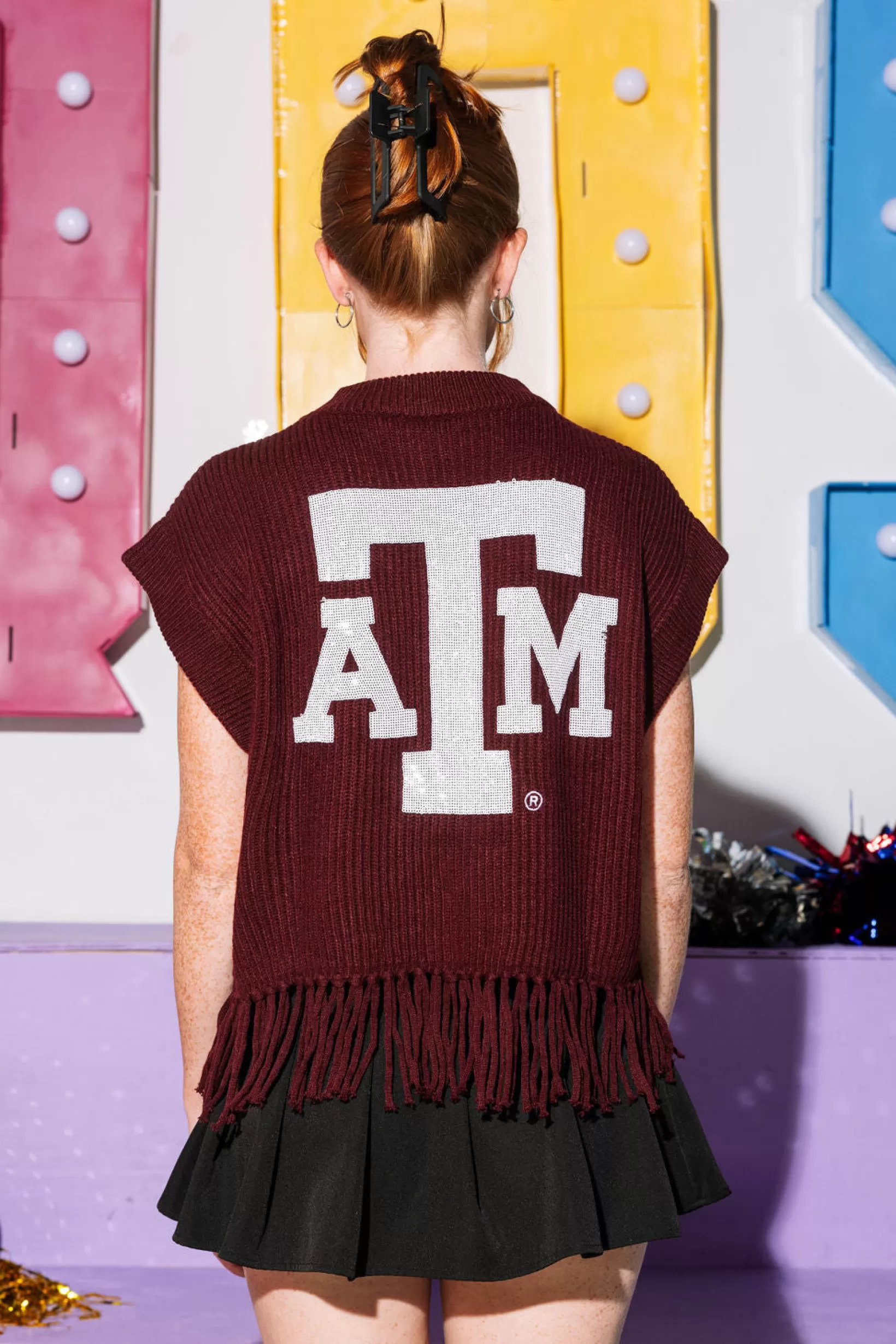 Fashion Queen of Sparkles Licensed- Maroon 'Gig Em' Fringe Sweater Vest