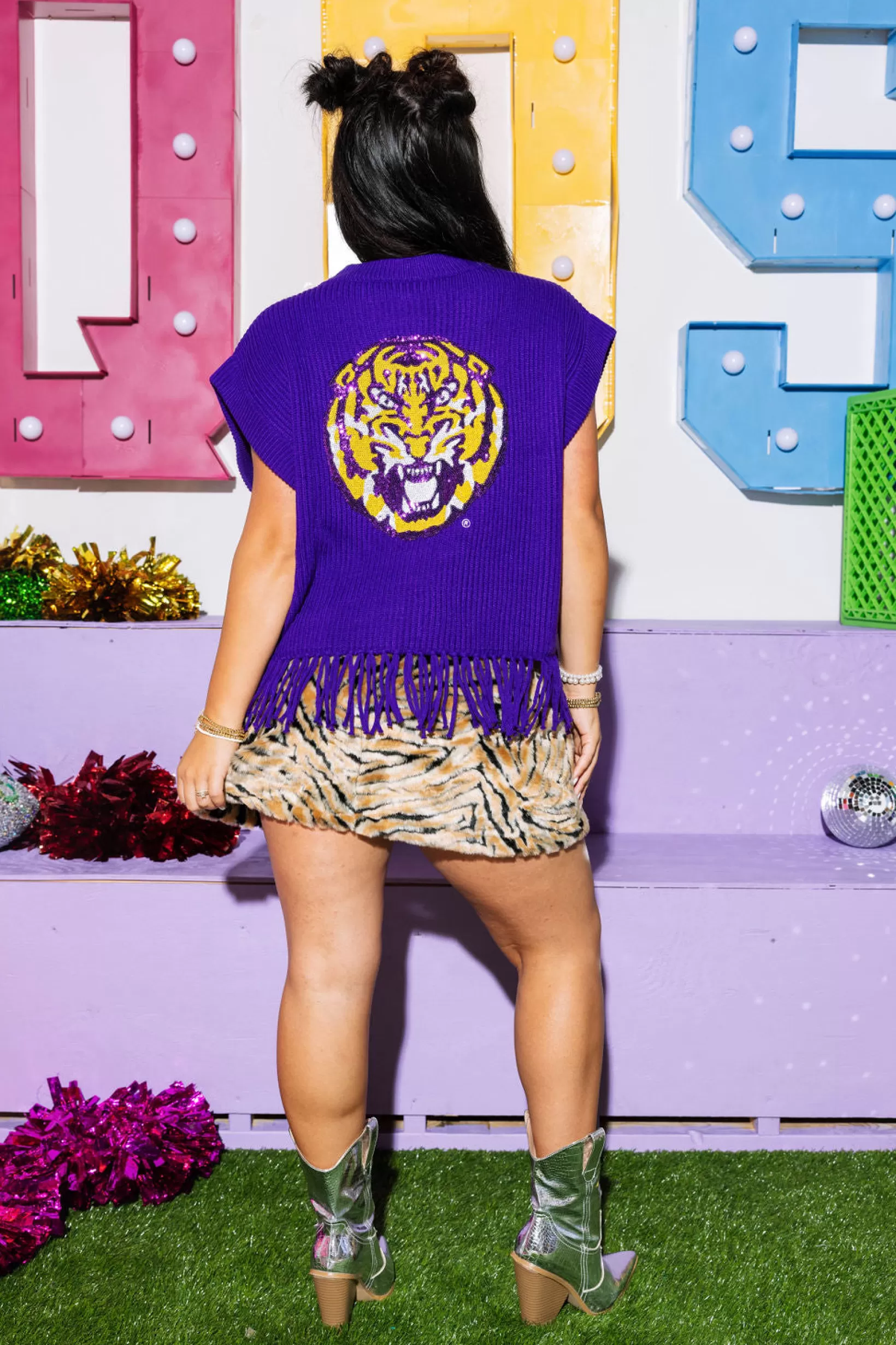 Sale Queen of Sparkles Licensed- & Gold 'Geaux Tigers' Fringe Sweater Vest Purple