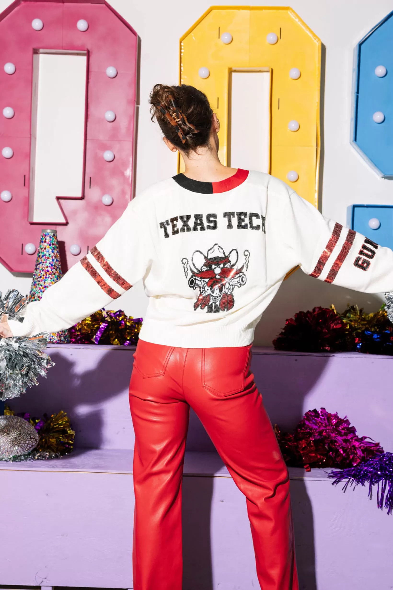 Flash Sale Queen of Sparkles Licensed- , Red & Black 'Texas Tech' Varsity Cardigan White