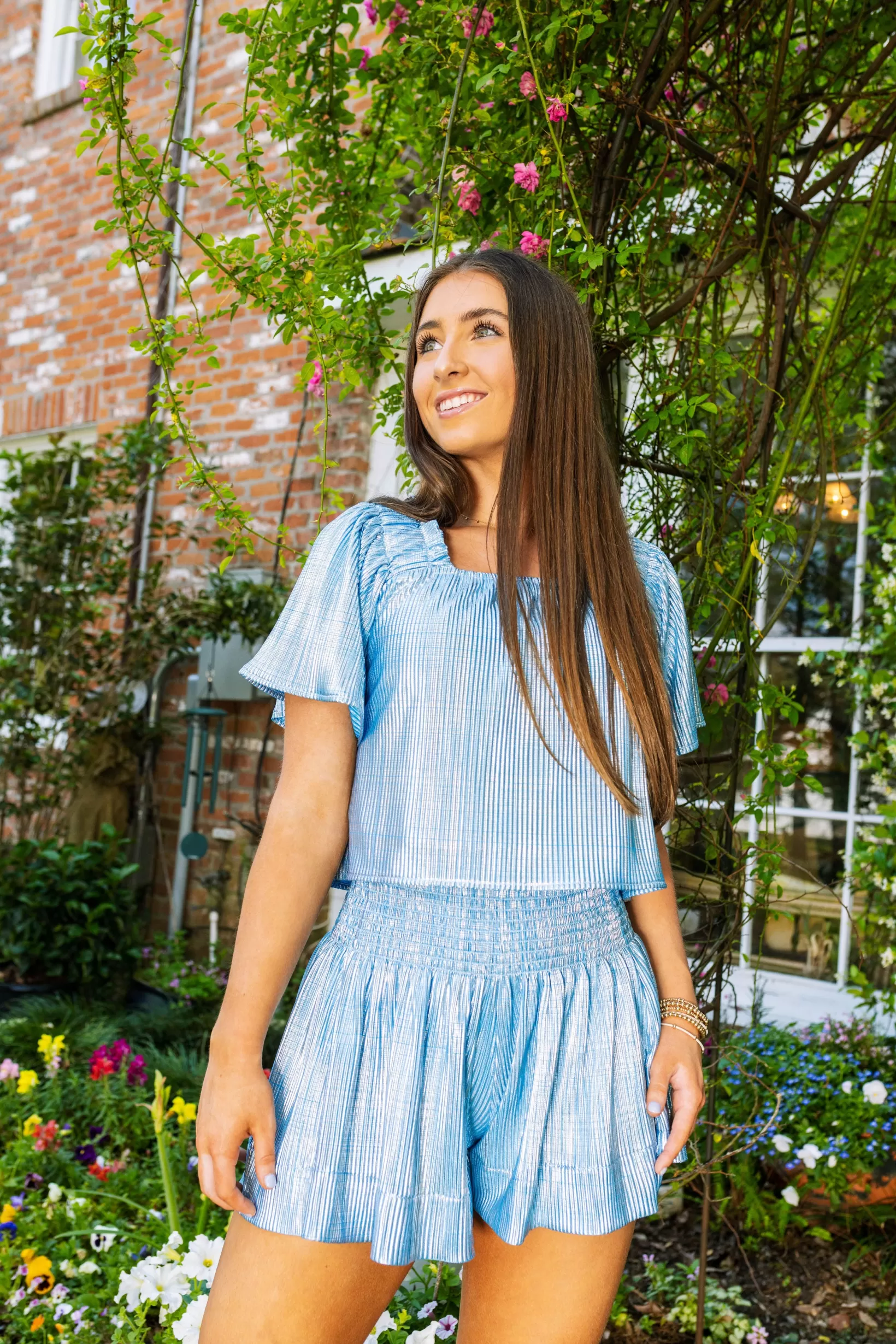 Outlet Queen of Sparkles Light Blue & Silver Ribbed Flutter Top