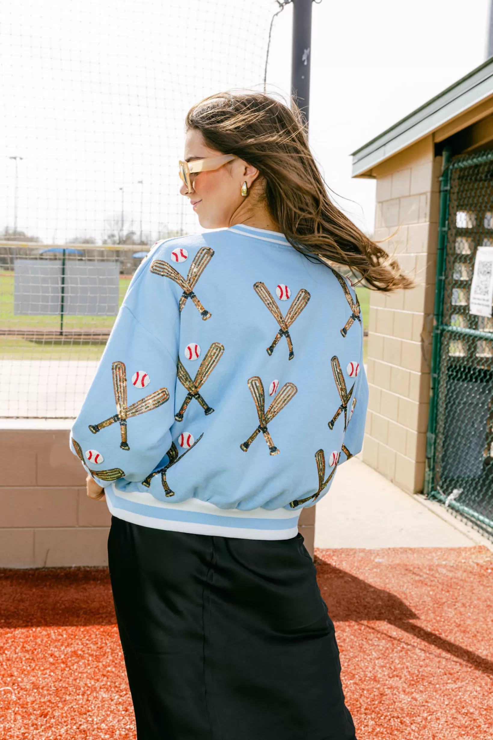 Online Queen of Sparkles Scattered Baseball Bat Sweatshirt Light Blue