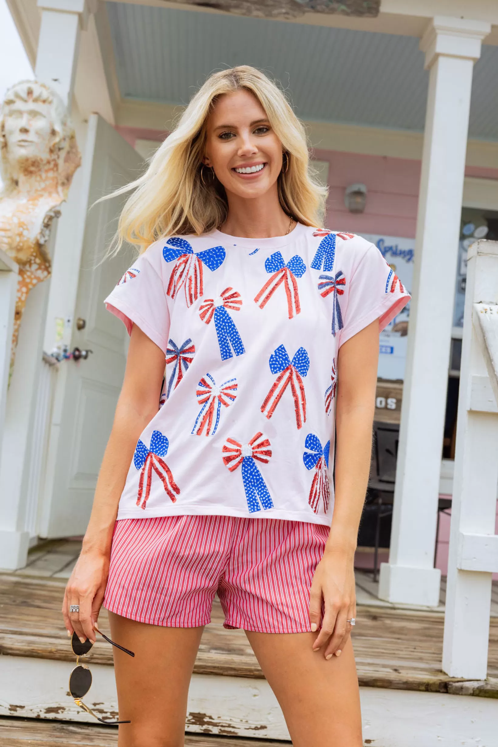 Shop Queen of Sparkles Red, White & Blue Scattered Bow Tee Light Pink