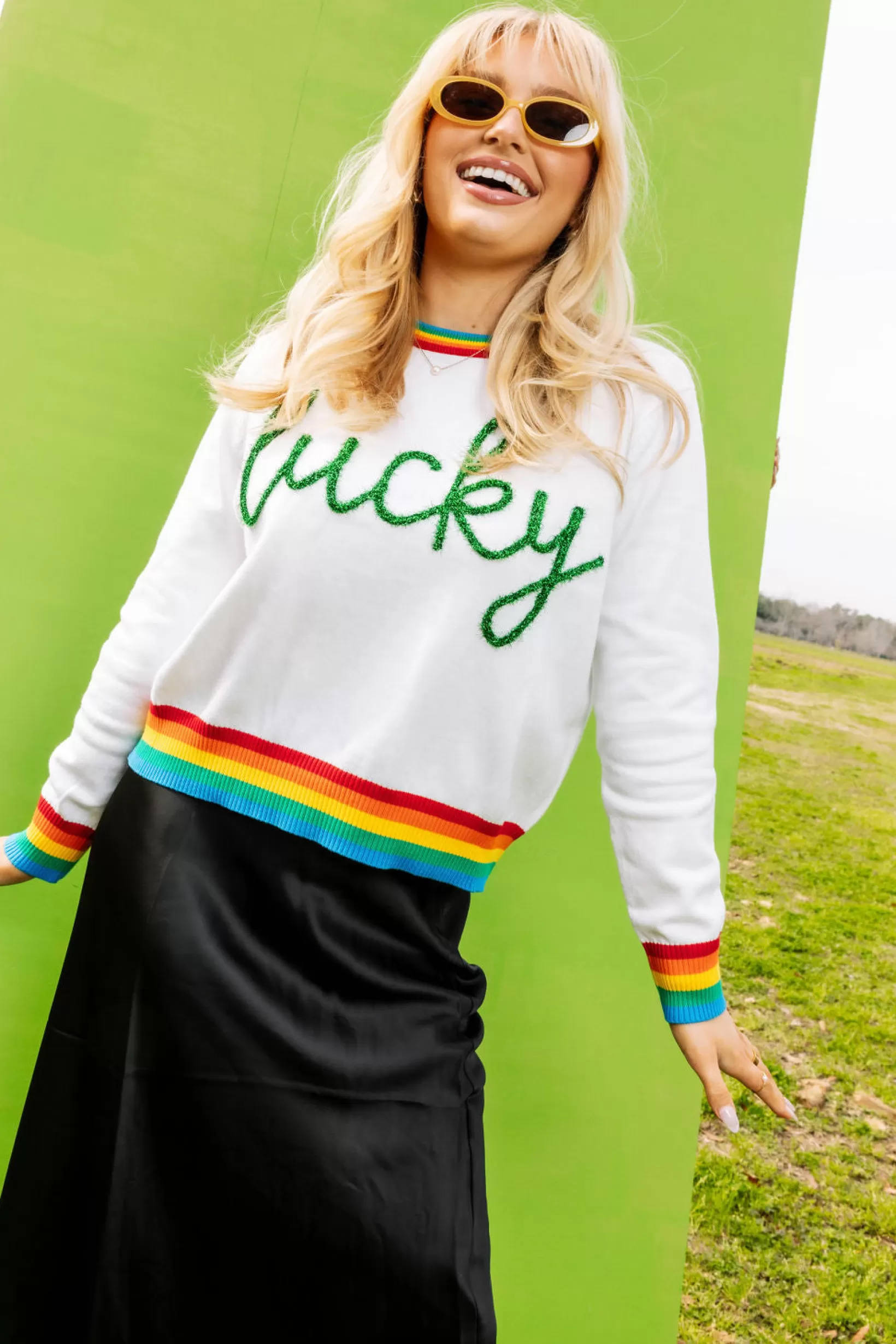 Best Queen of Sparkles Lucky Glitter Script Sweater White/Rainbow