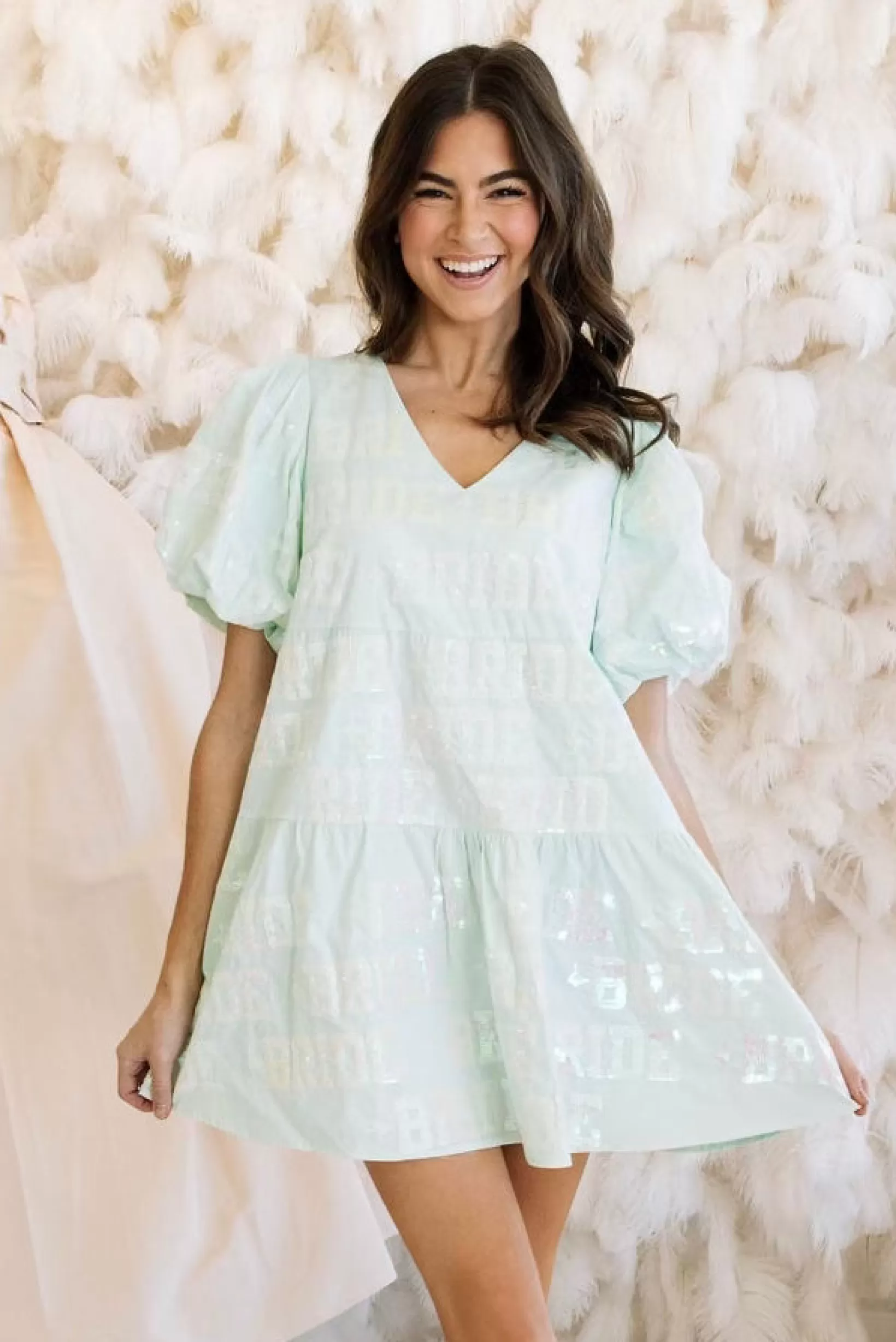 Sale Queen of Sparkles Bride All Over Poof Sleeve Dress Mint