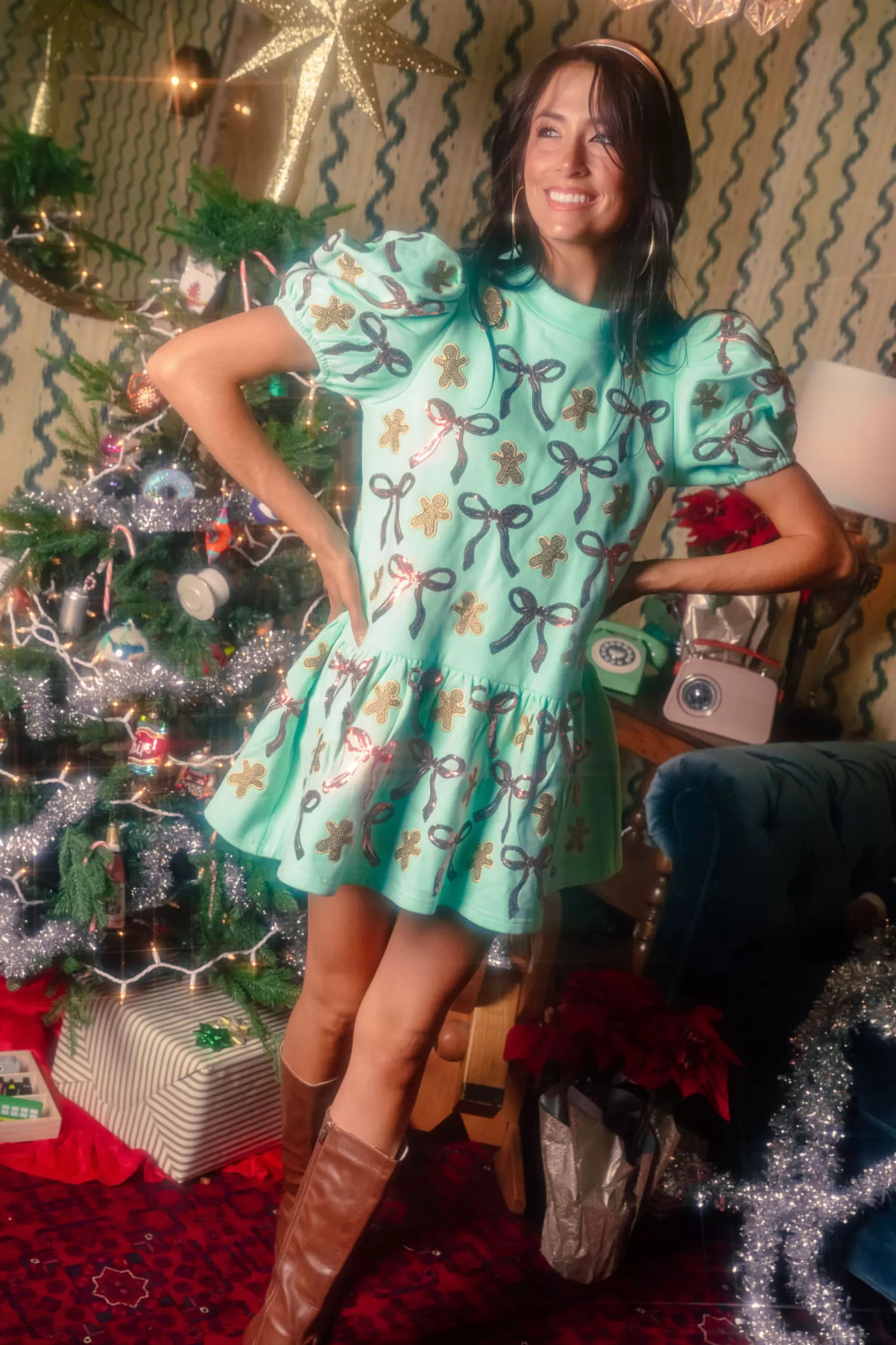 Cheap Queen of Sparkles Gingerbread Men & Bows Dress Mint Green