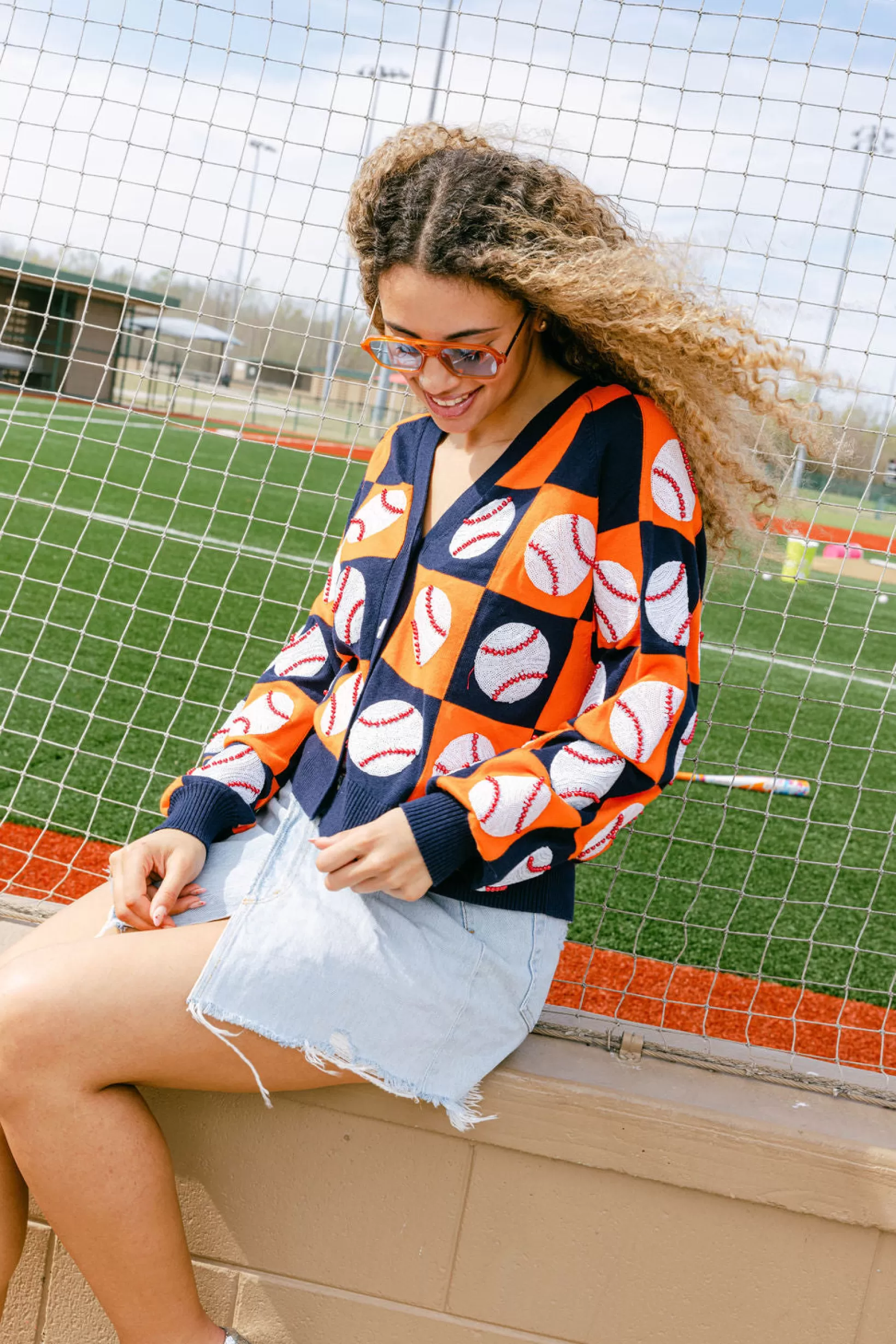 Flash Sale Queen of Sparkles & Orange Checkered Baseball Cardigan Navy