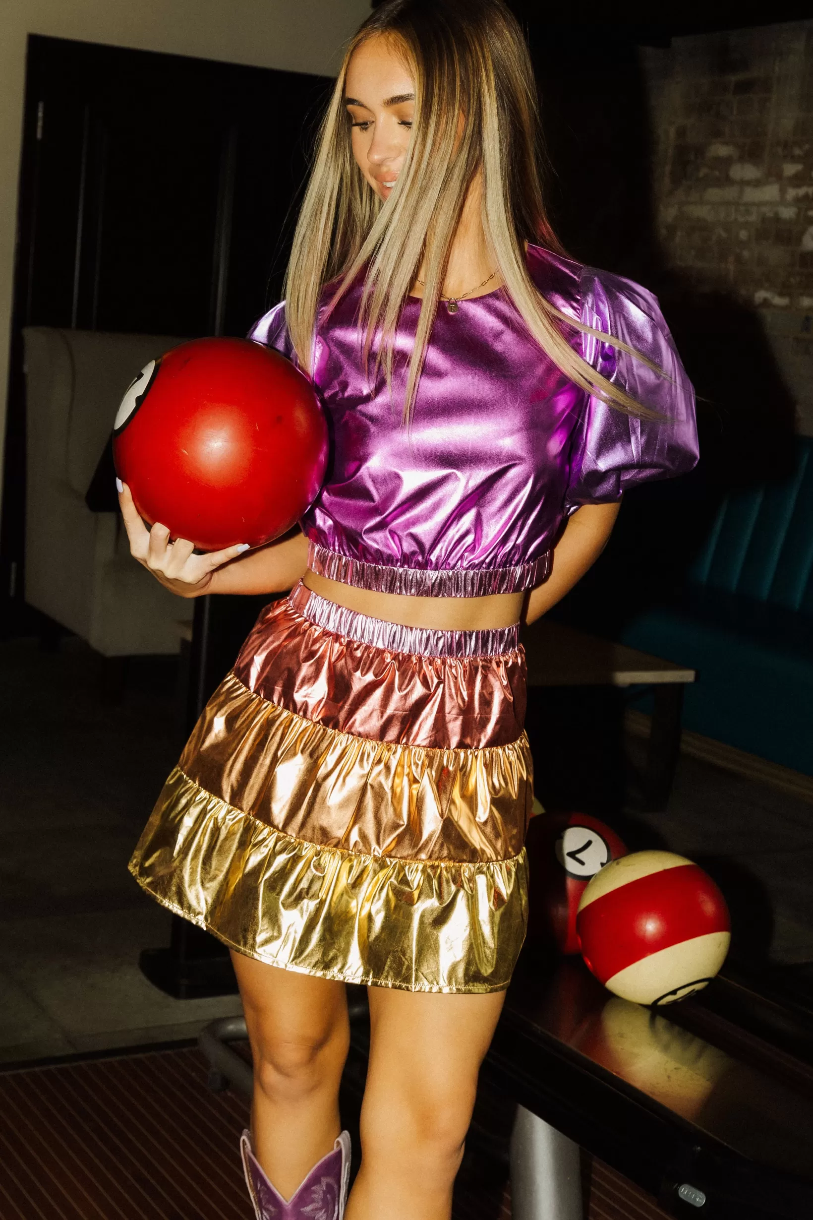 Hot Queen of Sparkles Pink/Purple Metallic Puff Sleeve Crop