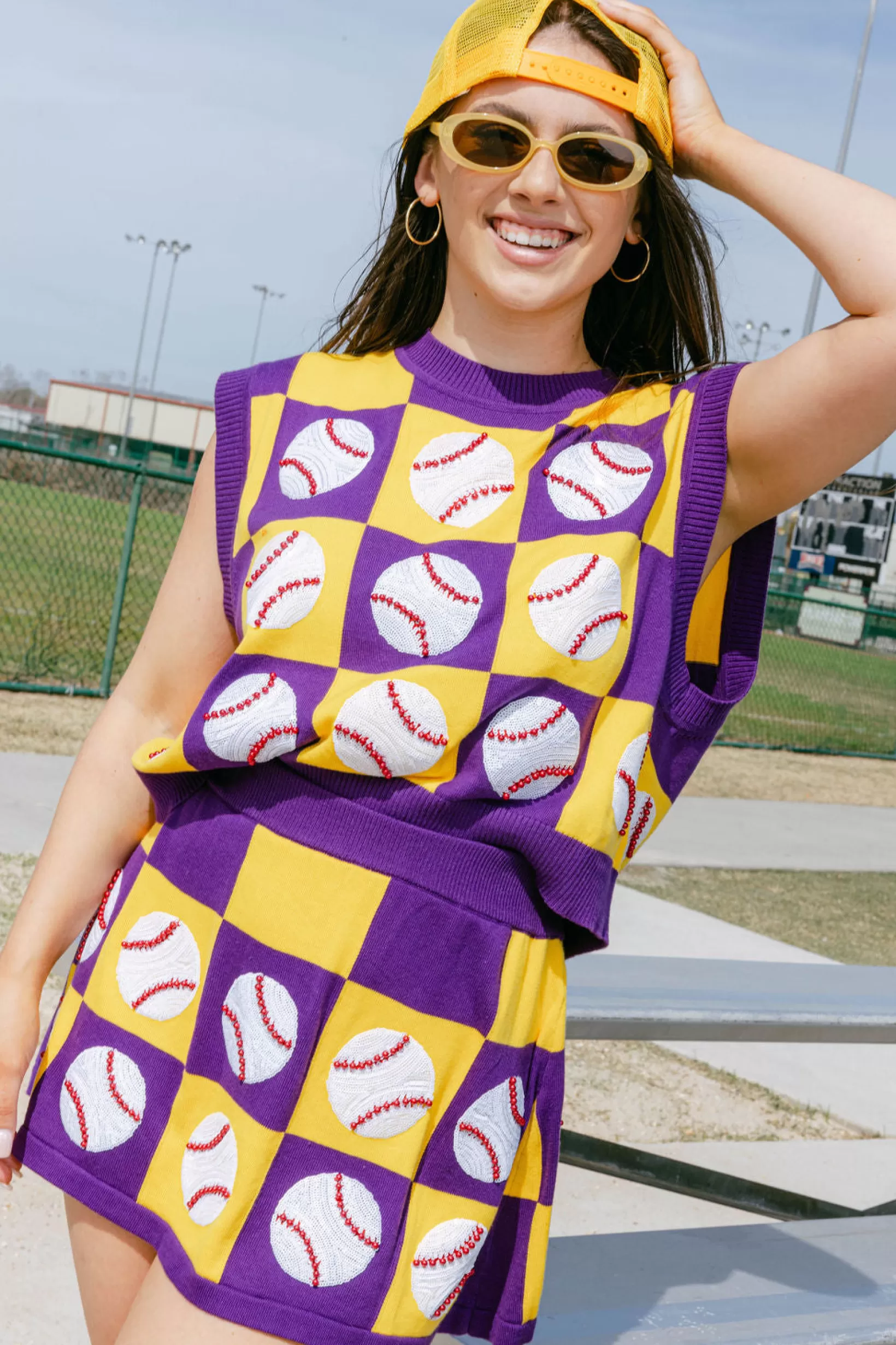 Outlet Queen of Sparkles Purple & Gold Checkered Baseball Skirt Purple/Gold