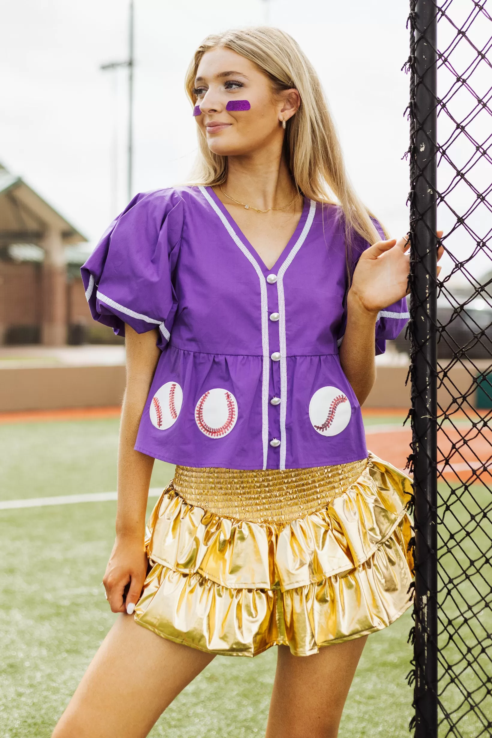 Store Queen of Sparkles Peplum Baseball Top Purple