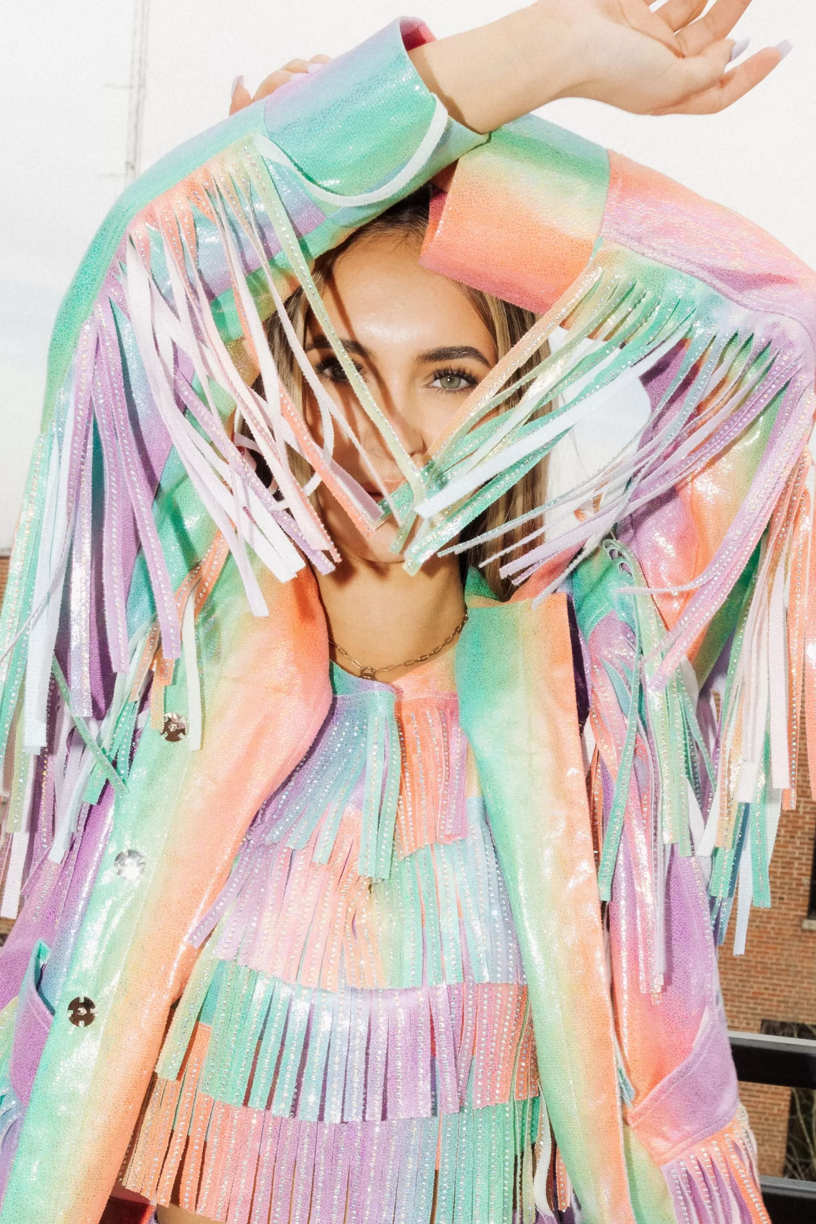 Cheap Queen of Sparkles Rainbow Leather Fringe Jacket