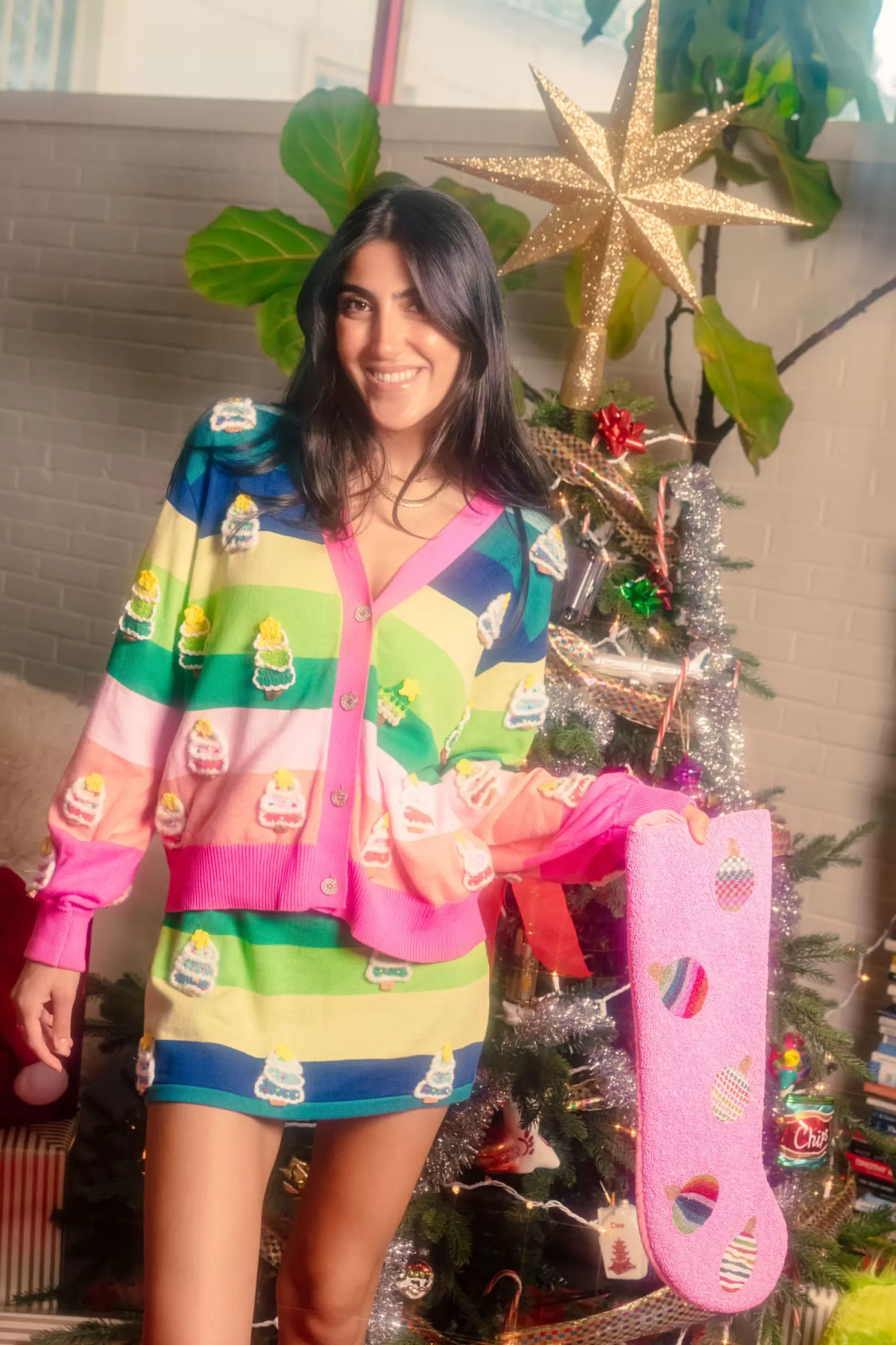 Online Queen of Sparkles Stripe Knit Christmas Tree Cardigan Rainbow