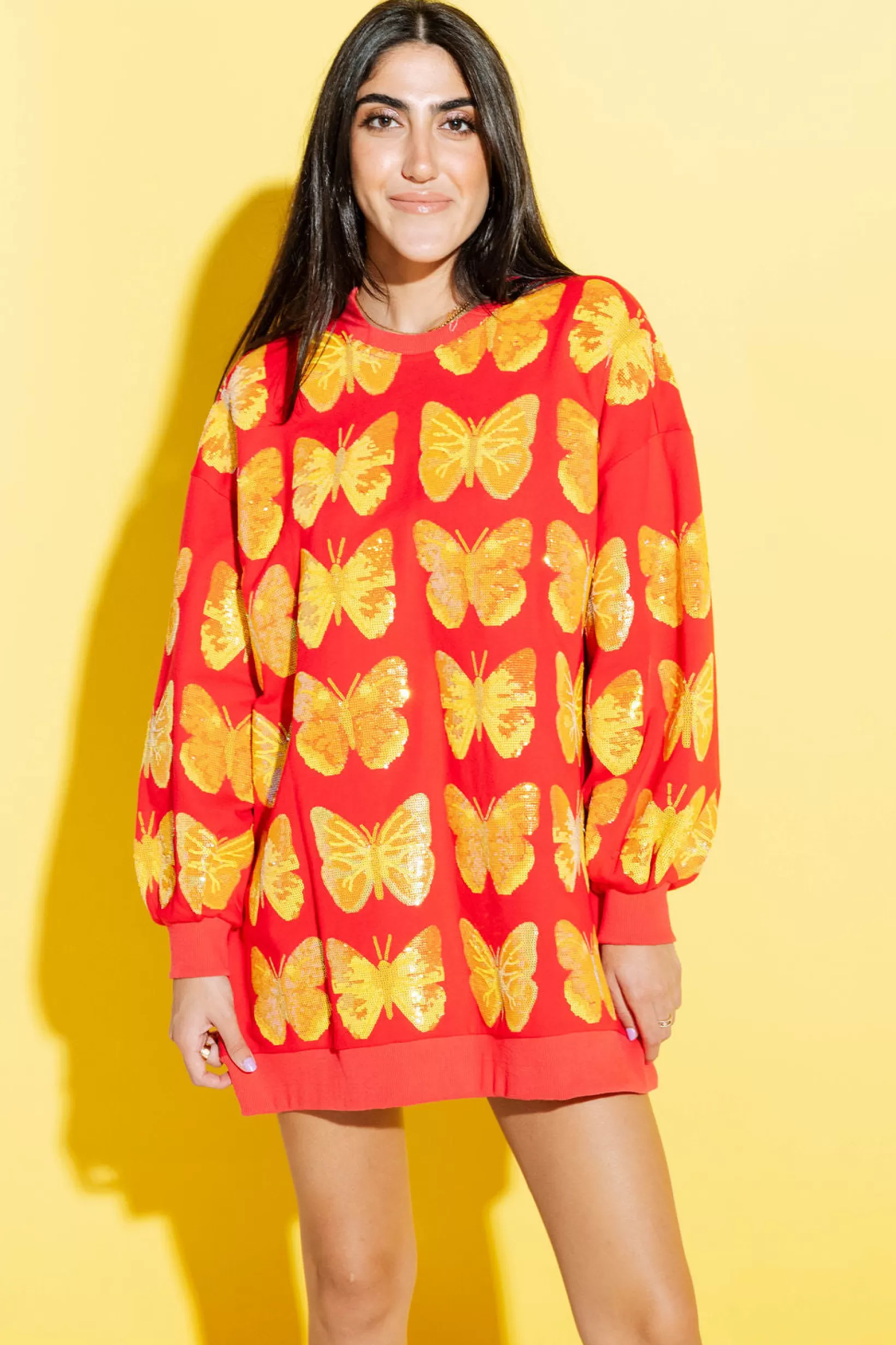 Hot Queen of Sparkles Red & Yellow Butterfly Sweatshirt Dress