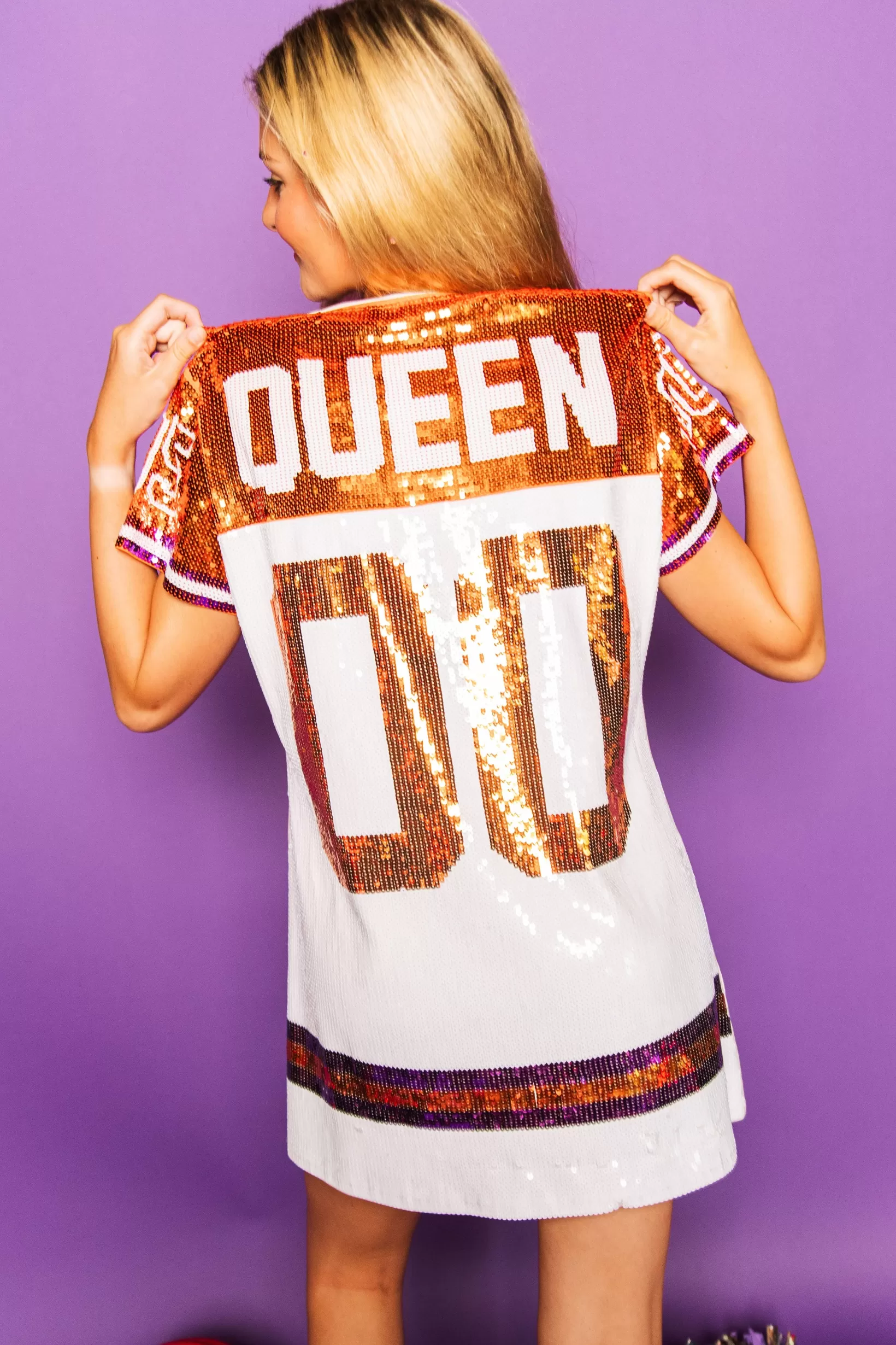 Clearance Queen of Sparkles White, Orange/Purple Full Sequin Jersey Dress