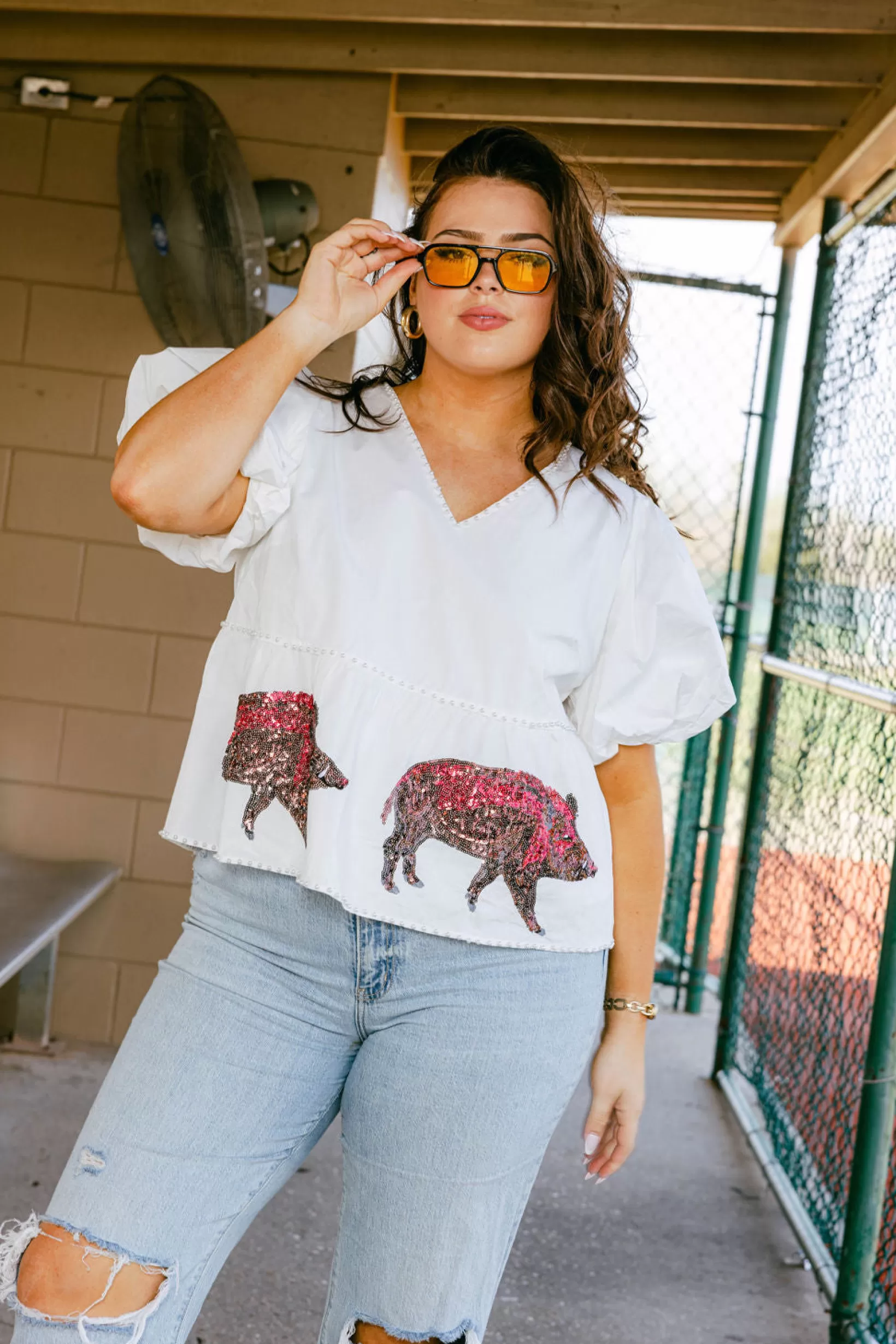 Flash Sale Queen of Sparkles White Peplum Poof Sleeve Top with Razorbacks- Licensed