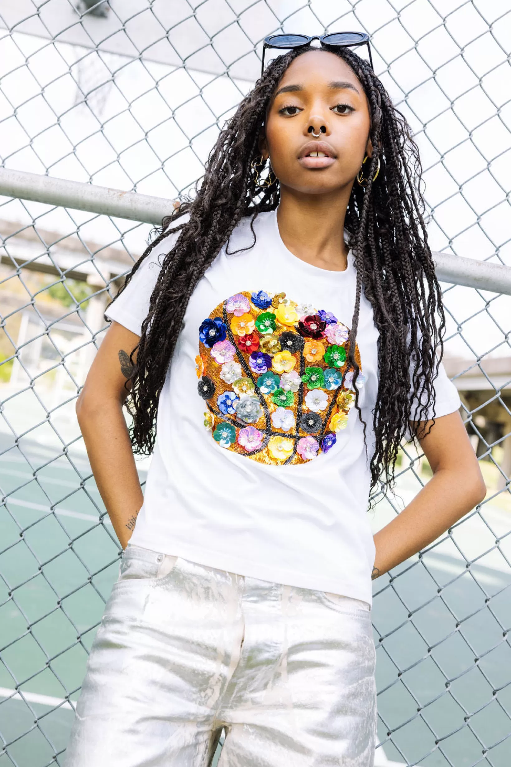 Sale Queen of Sparkles Rainbow Flower Basketball Tee White