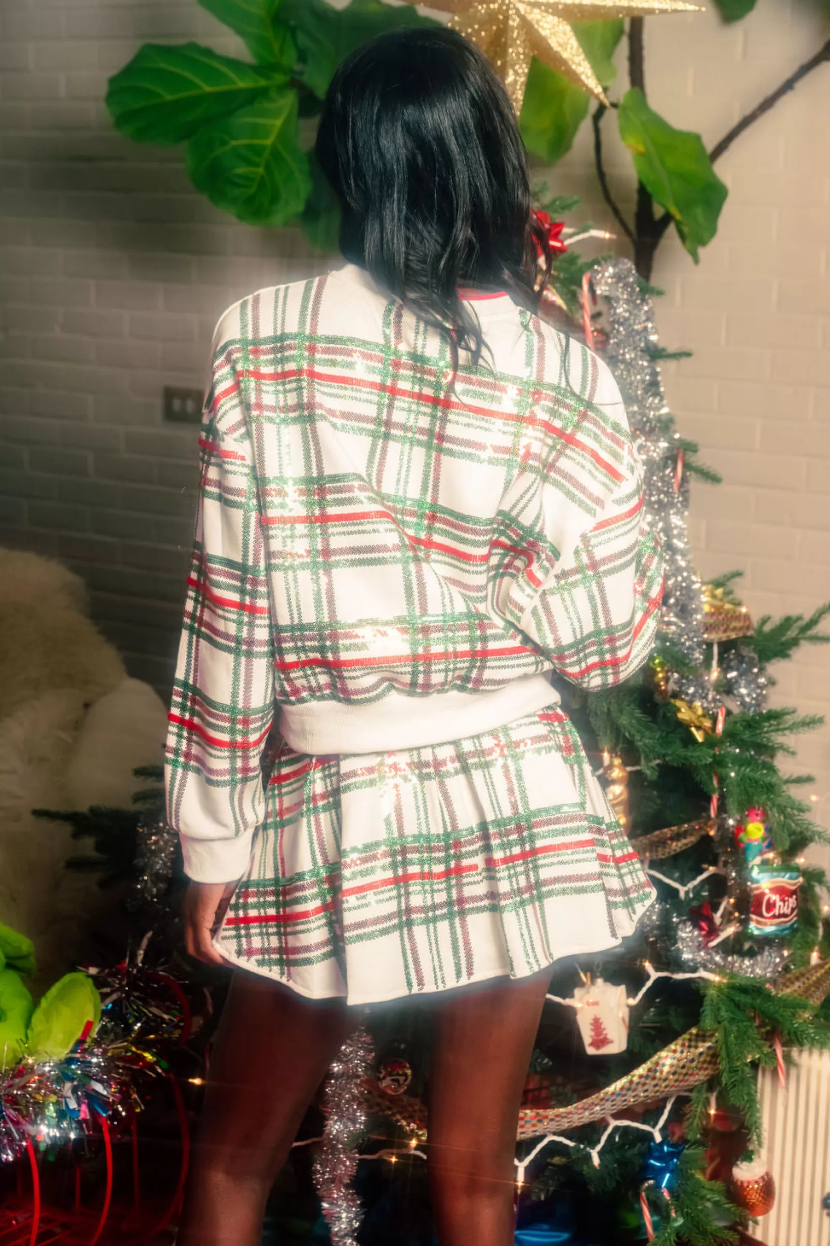 Hot Queen of Sparkles , Red & Green Plaid Pleat Skort White