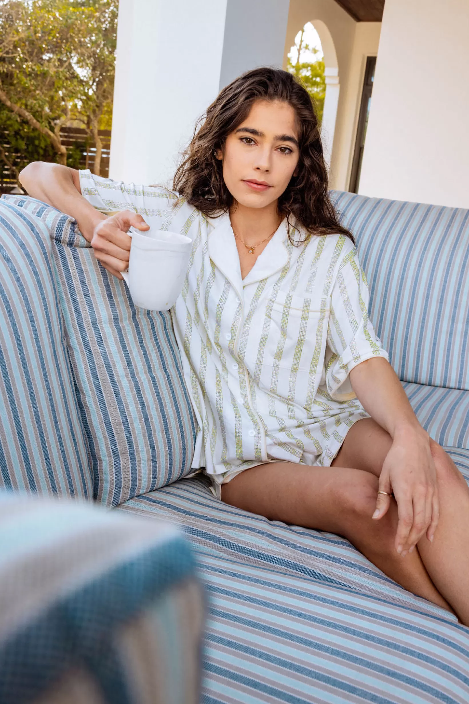 Discount Queen of Sparkles Rhinestone Stripe Pajama Short Sleeve Top White