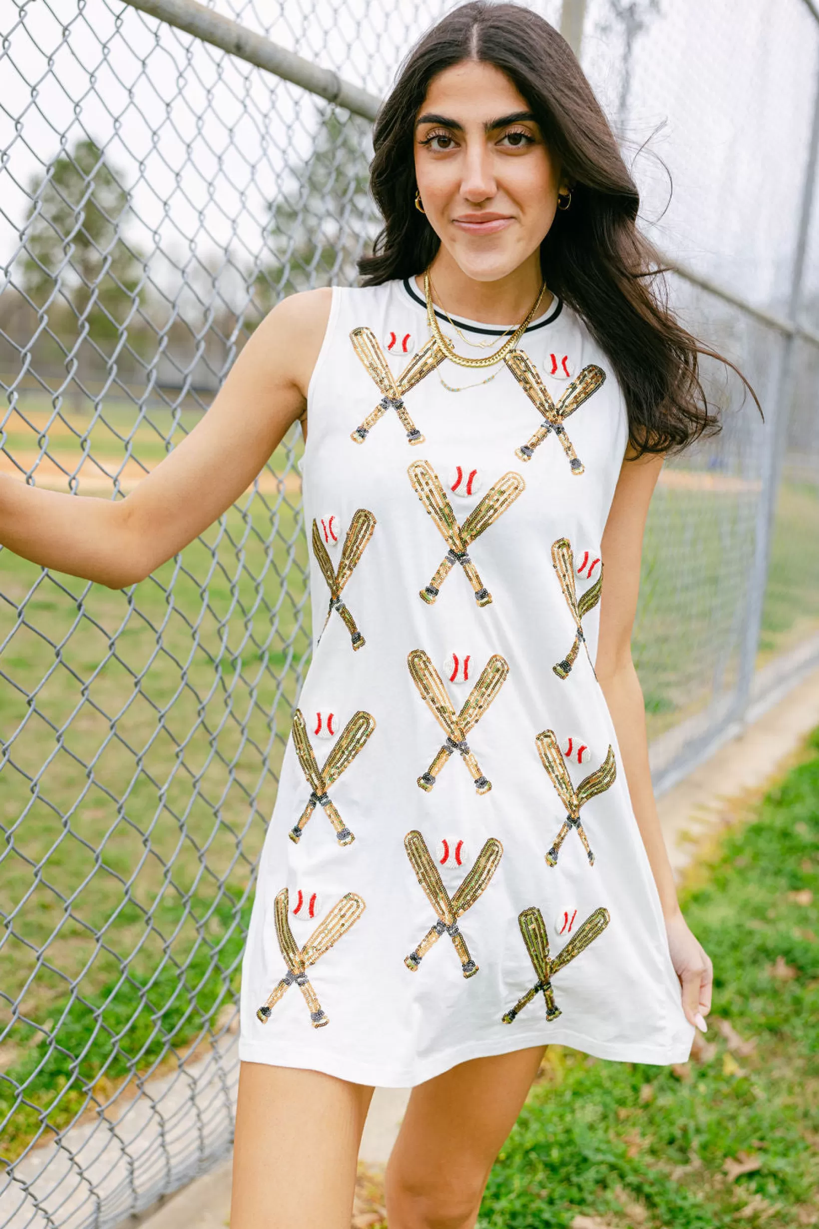 Fashion Queen of Sparkles Scattered Baseball Bat Tank Dress White