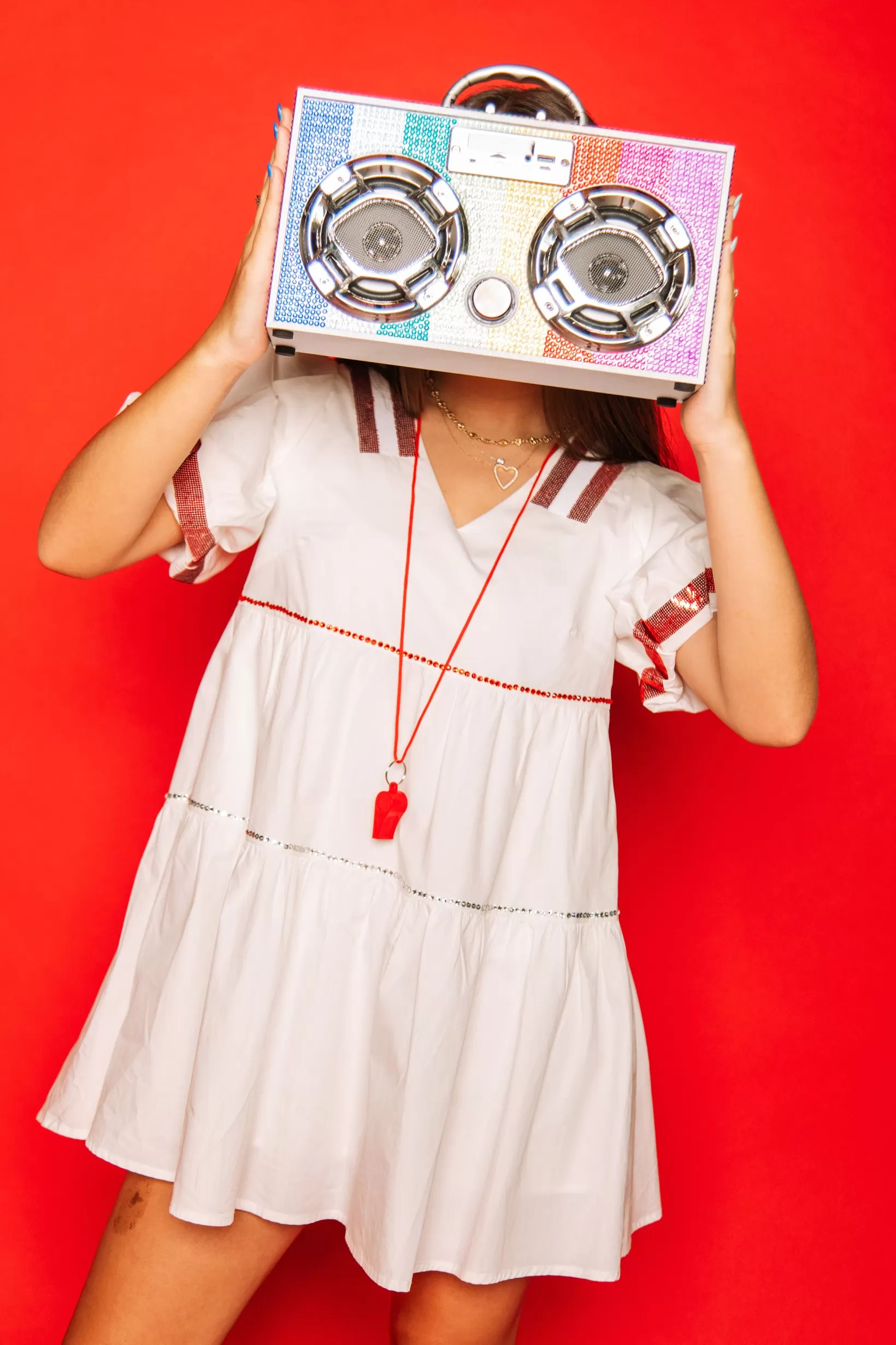 Outlet Queen of Sparkles White/Bright Red Poof Sleeve QOS Jersey Dress