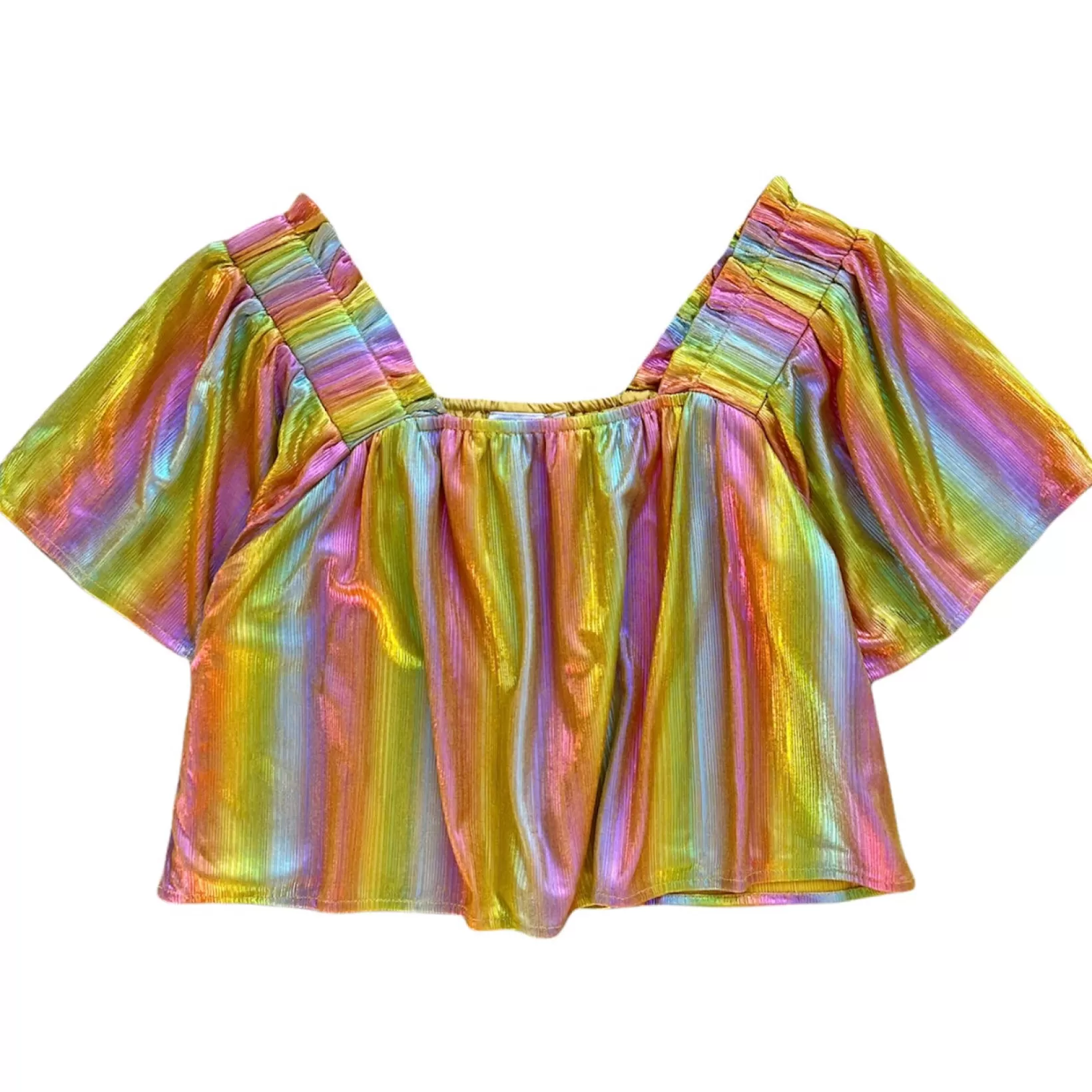 Shop Queen of Sparkles Flutter Top Yellow Rainbow